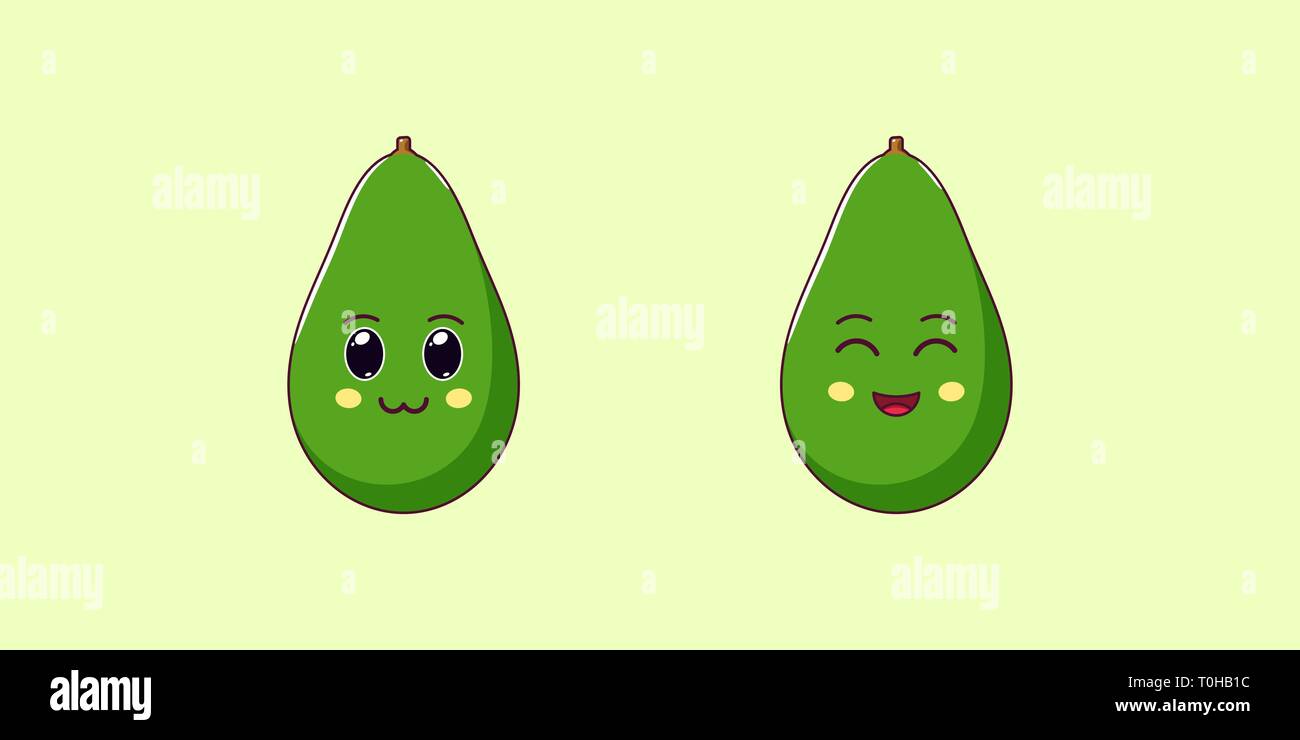 Kawaii Cute Cartoon Avocat, fruits mûrs. Cartoon Vector illustration d'avocat avec vert et charmant visage rieur, drôle icônes emoji. Autocollant d'été. Pr Illustration de Vecteur