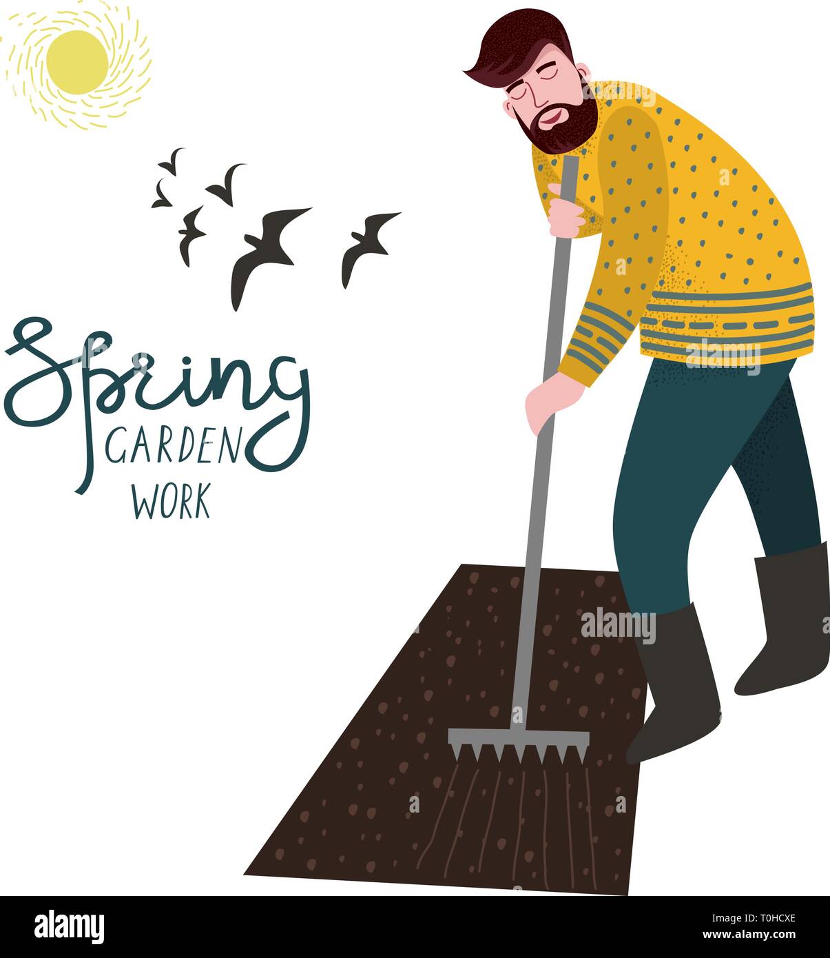Un homme cultiver la terre avec un râteau à la plantation.Vector illustration dans le style plat mignon Illustration de Vecteur