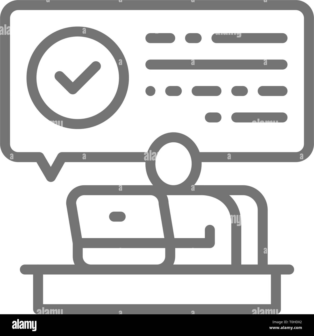 L'homme à l'ordinateur a reçu une lettre de confirmation avec les examens, adopté, la vérification, l'icône de la ligne approuvé. Illustration de Vecteur