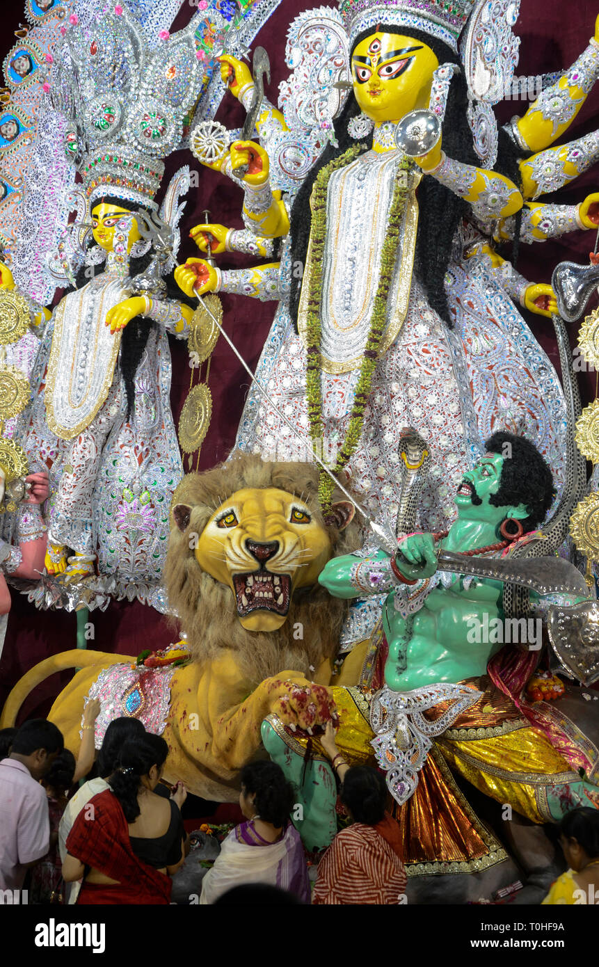 Femme qui prie la Déesse Durga puja festival, Kolkata, Bengale occidental, Inde, Asie Banque D'Images