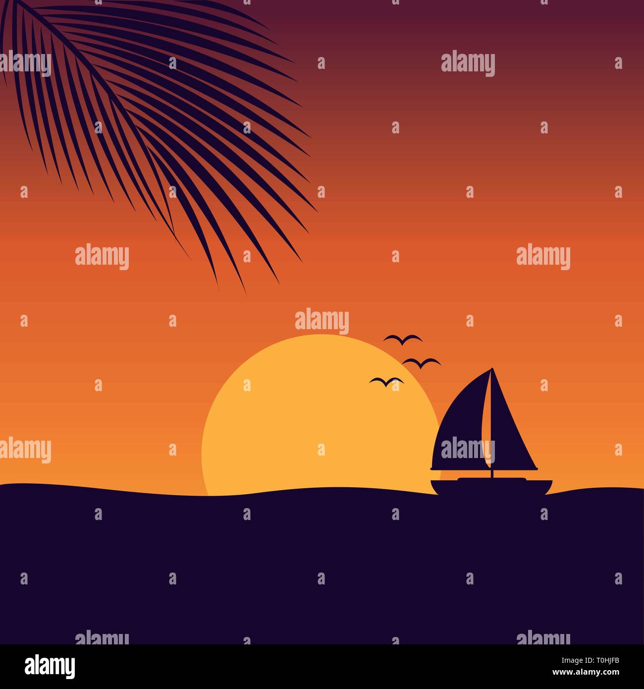 Coucher du soleil en mer avec marine nature paysage avec voilier et palm leaf vector illustration Illustration de Vecteur