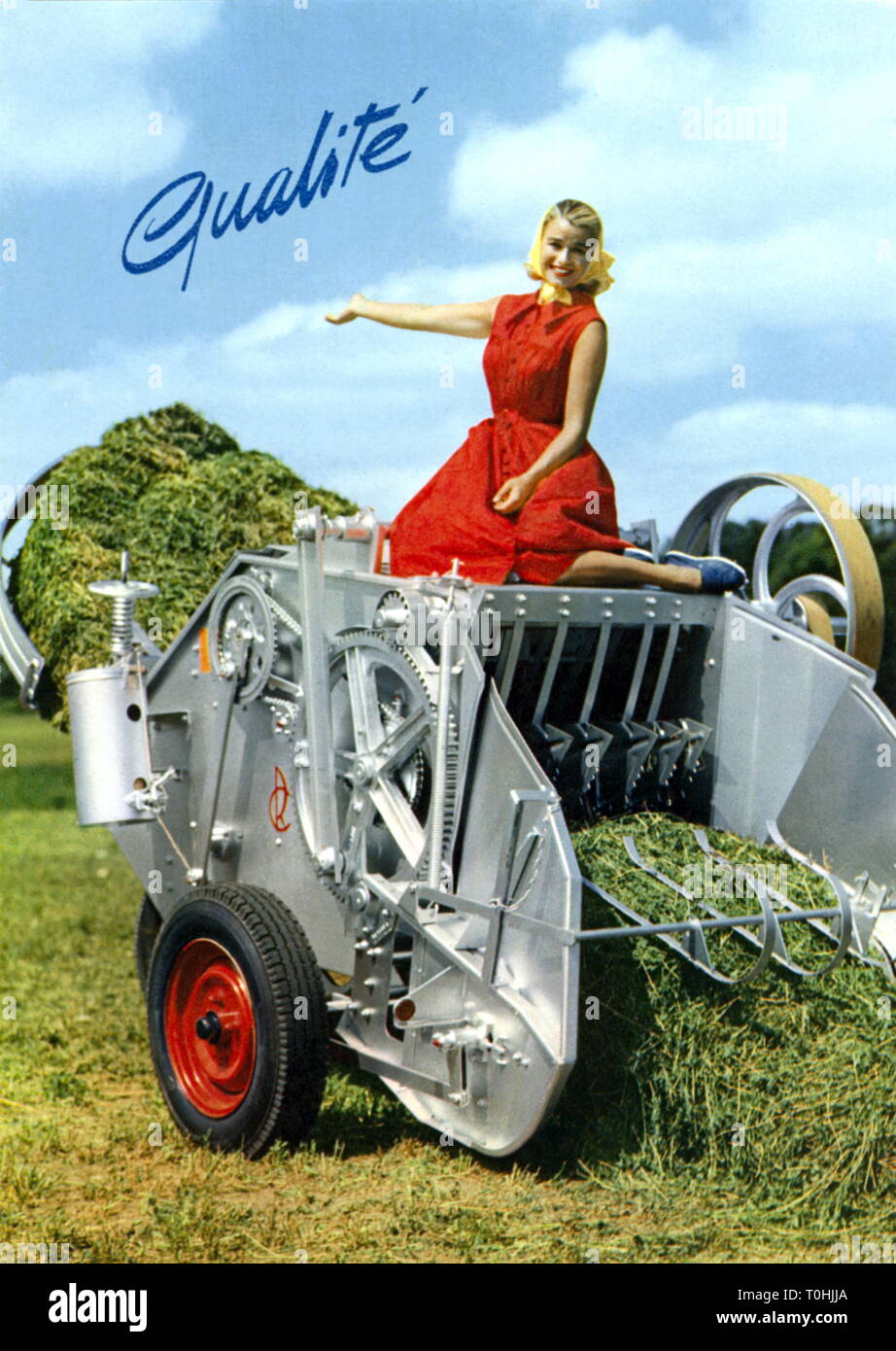 L'agriculture, de la publicité pour la machine agricole par société française Rivierre-Casalis, machines agricoles, la nouvelle promesse de la machine agricole fourrage efficace rescure, France, vers 1958, Additional-Rights Clearance-Info-Not-Available- Banque D'Images