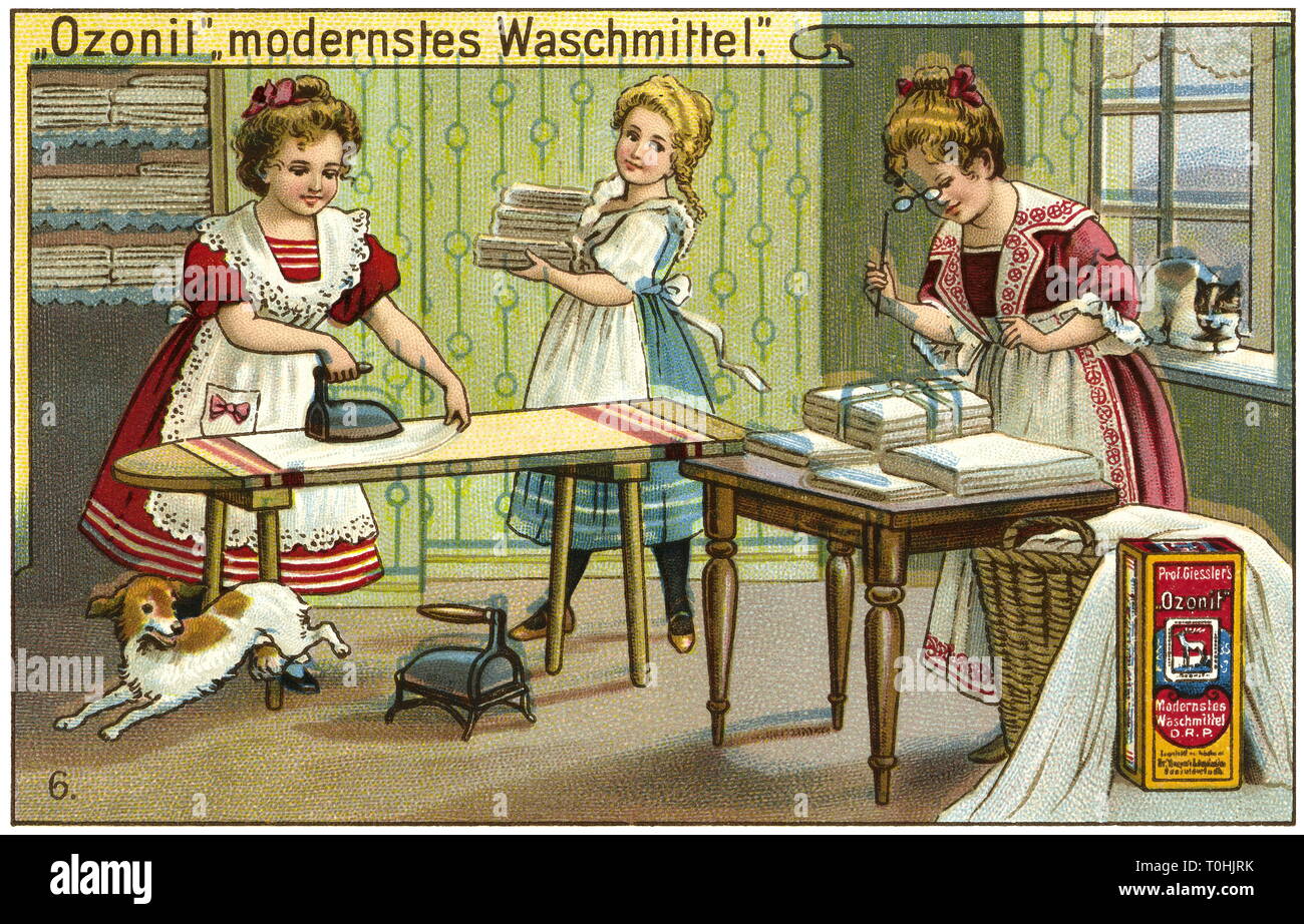 La publicité, ménage, Ozonit, plus modernes, poudre à laver Lave et blanchiment par ébullition sur une demi-heure, garanti exempt de composants toxiques (texte publicitaire au verso), faite par M. Giessler, Allemagne, vers 1900, Additional-Rights Clearance-Info-Not-Available- Banque D'Images