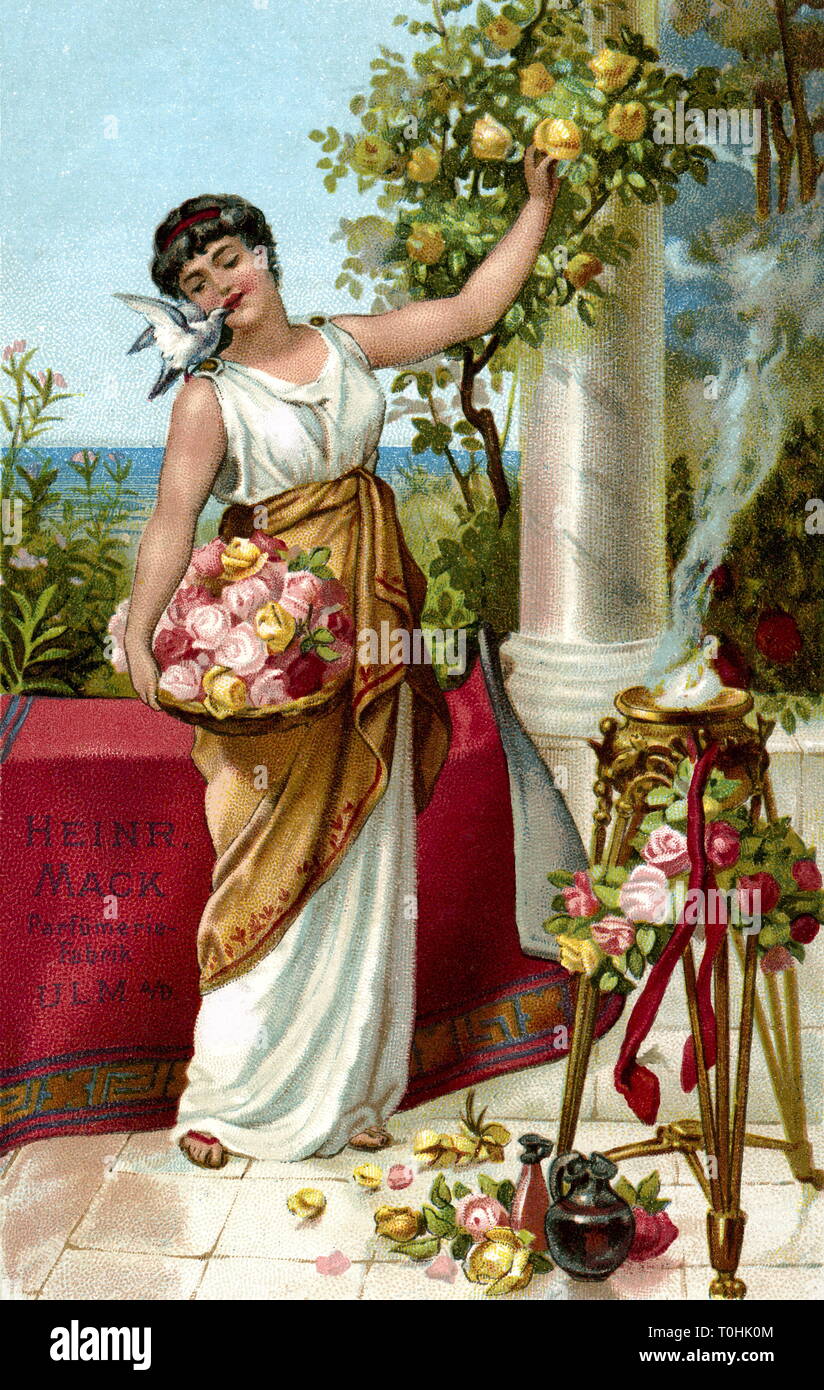 Des cosmétiques, des parfums, des fleurs rose femme, la publicité pour le parfum fabrication Mack à Ulm, Allemagne, vers 1898, Additional-Rights Clearance-Info-Not-Available- Banque D'Images