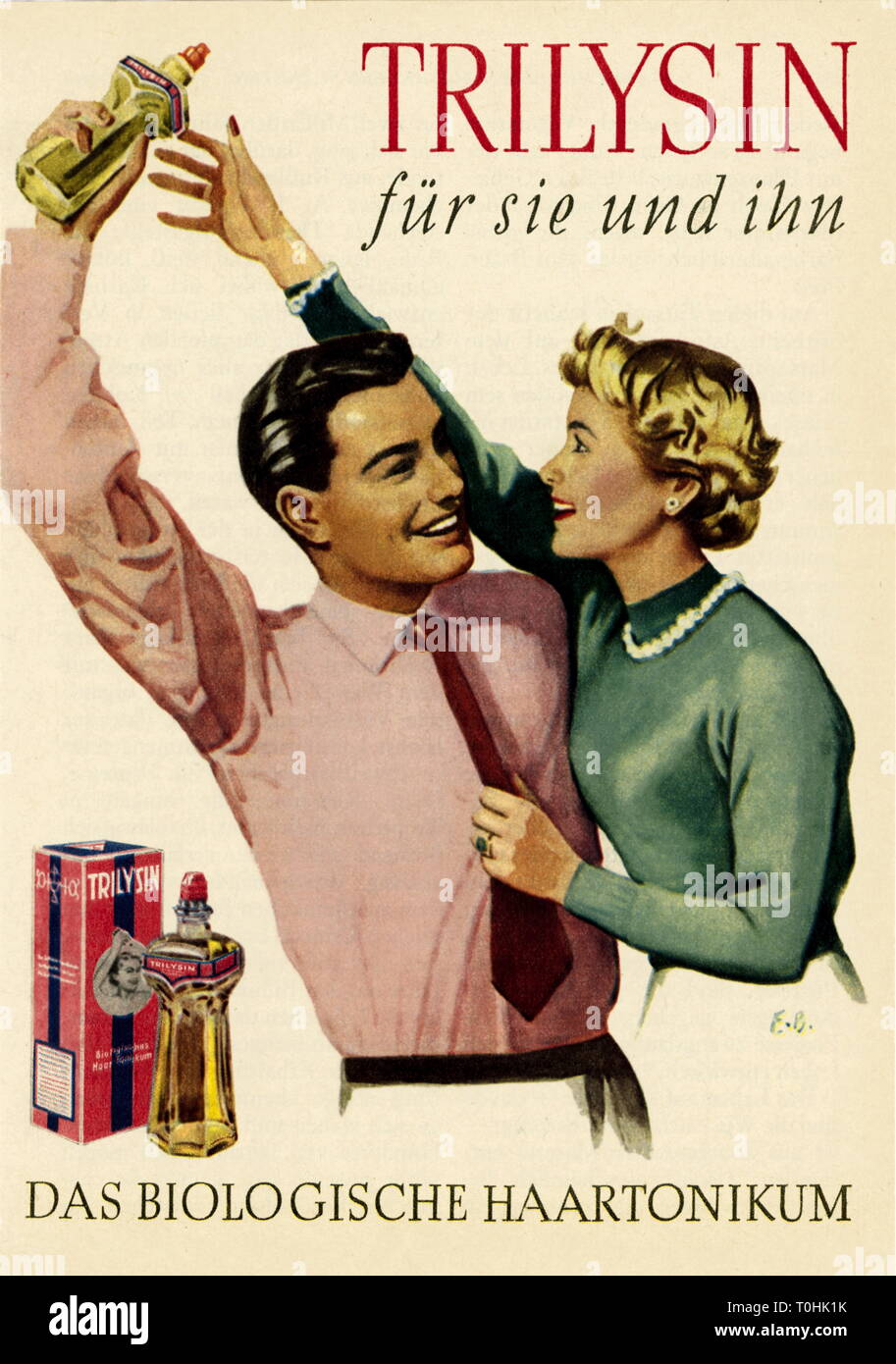 La publicité, les produits cosmétiques, tonique capillaire, Trilysin «fuer Sie und Ihn' (pour femmes et hommes), Allemagne, vers 1953, Additional-Rights Clearance-Info-Not-Available- Banque D'Images