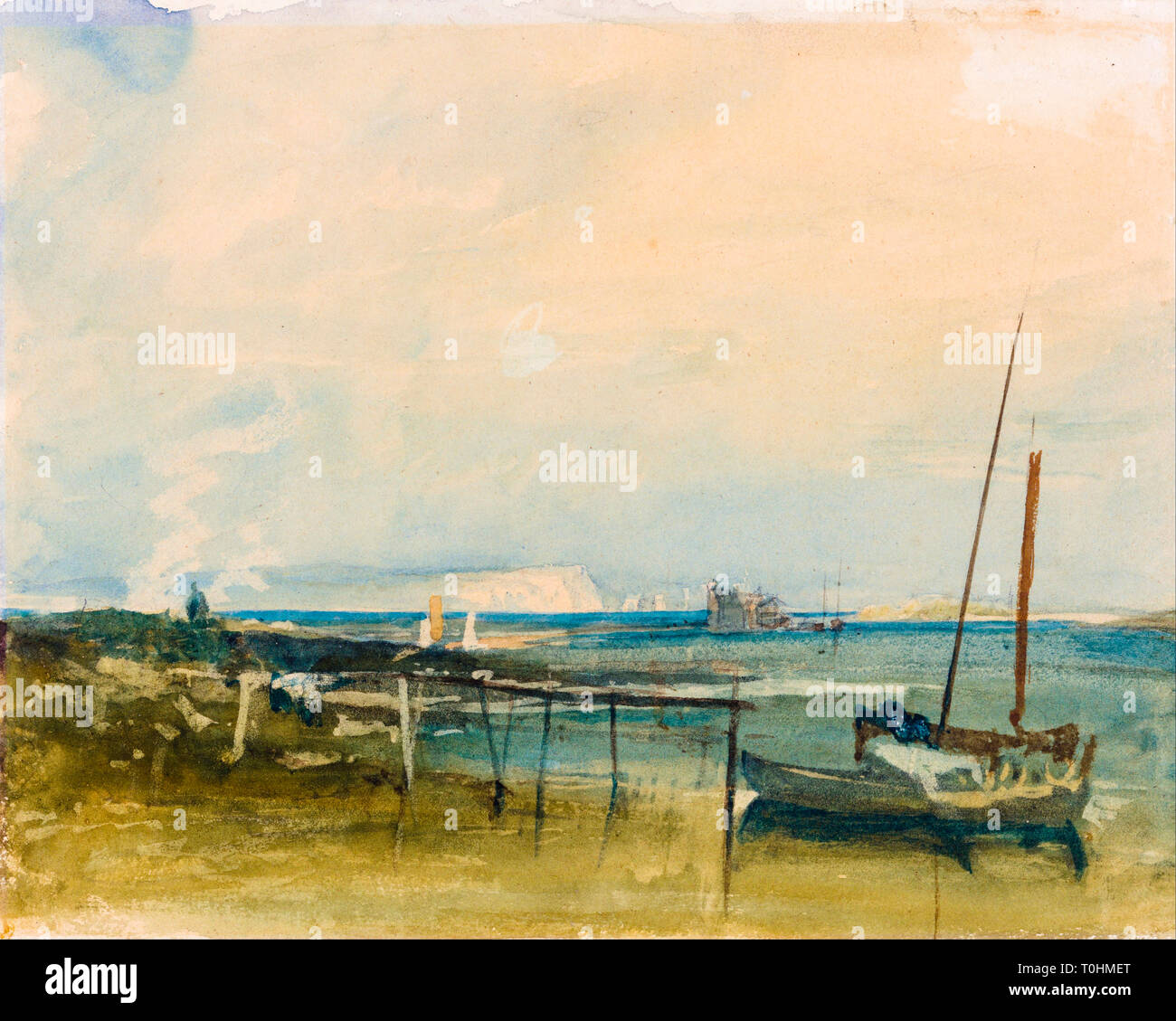 JMW Turner, la scène avec des falaises blanches et des bateaux sur la rive, de l'aquarelle Banque D'Images