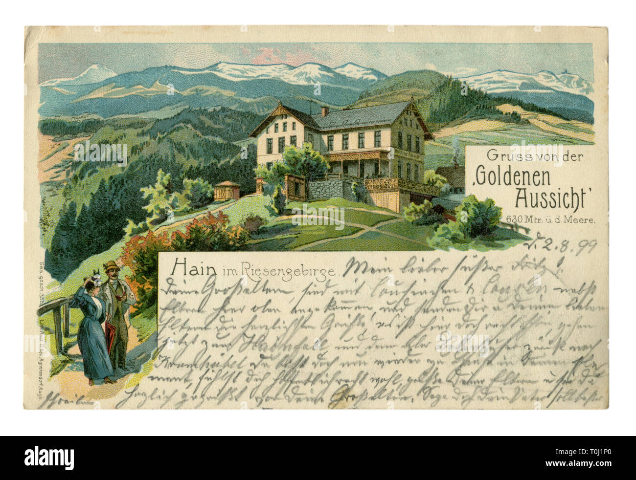 Carte postale publicité chromolithographic historique allemand : paysage de montagne avec l'hôtel 'Goldenen Aussicht'. Les touristes guest house. Le texte des lettres Banque D'Images