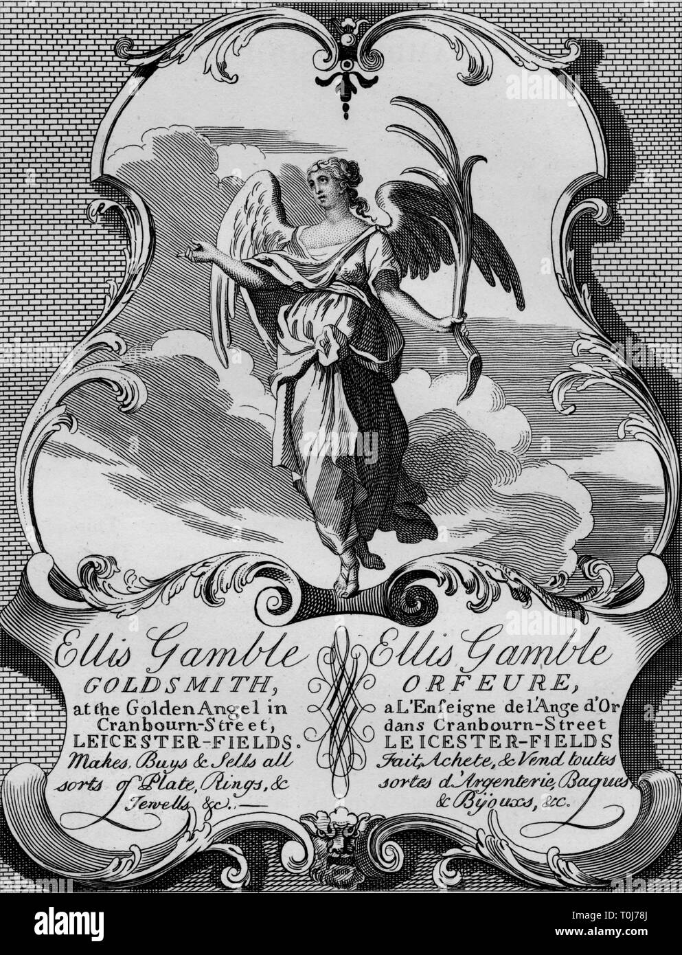 Carte commerciale de la goldsmith Ellis Gamble, années 1720, (1827). Créateur : Thomas Cook. Banque D'Images