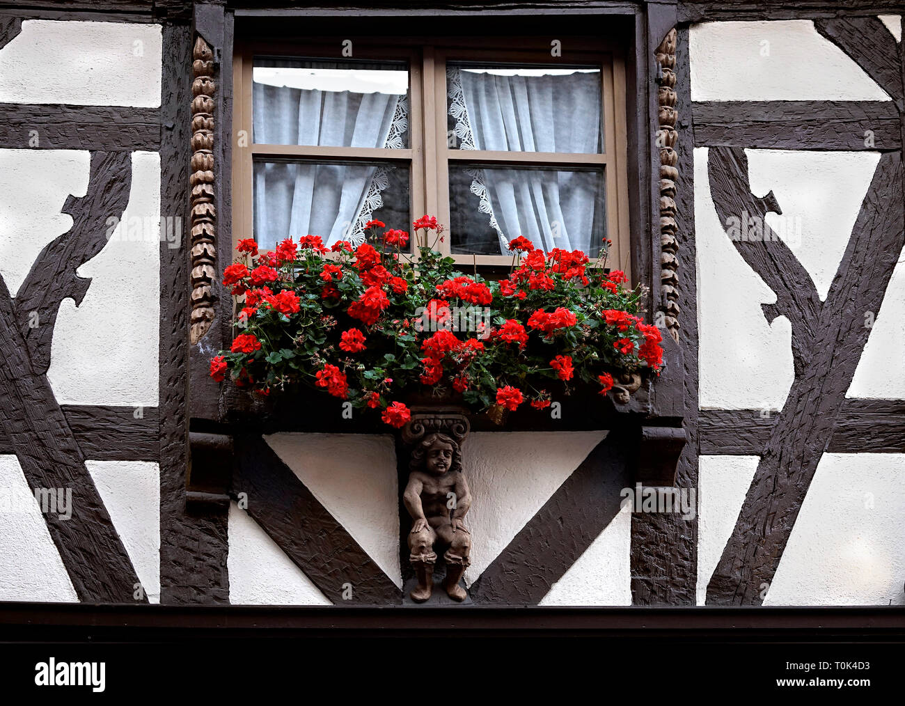 Europe, France, Alsace, Ribeauvillé, fenêtre d'une maison avec des fleurs. Banque D'Images