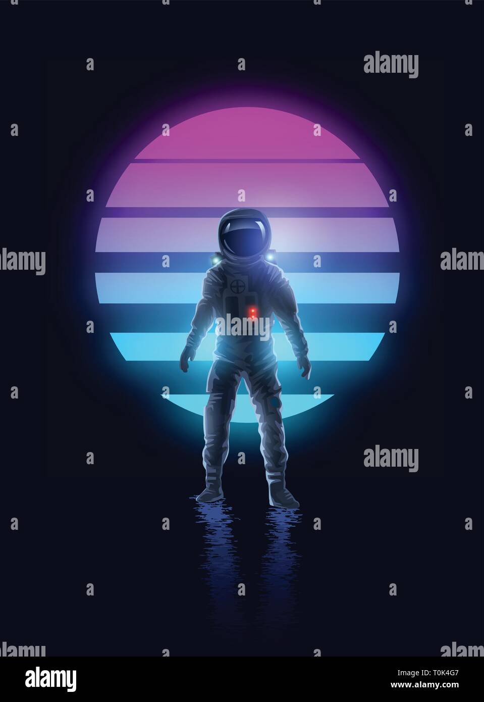 Lumineux néon astronaute rétro Arrière-plan Spaceman Design. Illustration de Vecteur