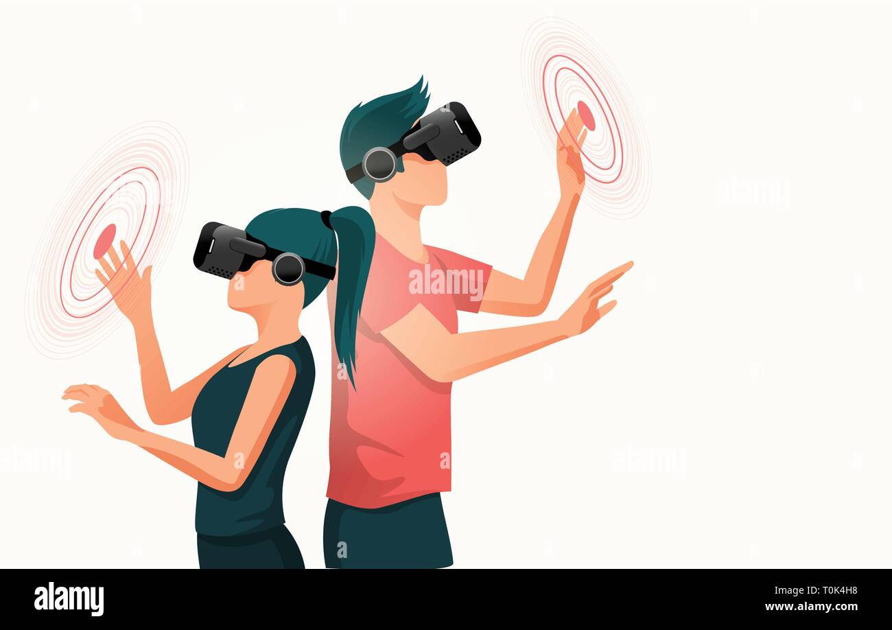 Deux jeunes adultes à l'aide de casques de réalité virtuelle. Les gens vector illustration. Illustration de Vecteur