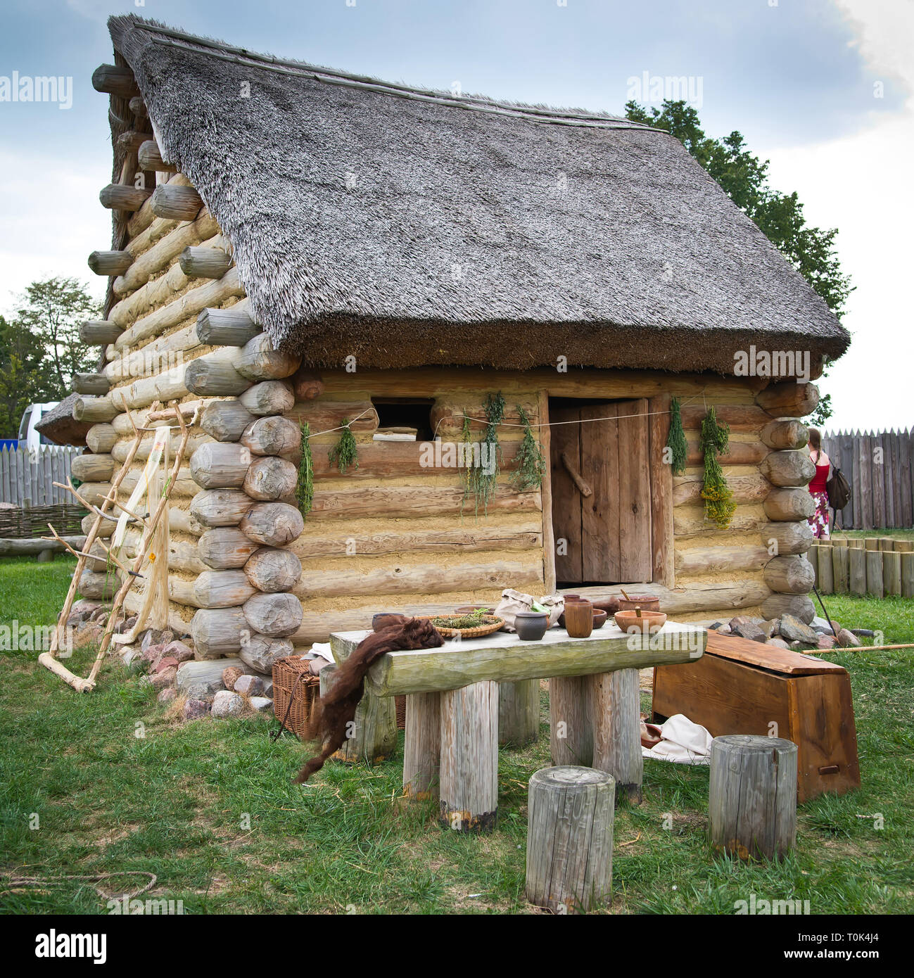 Petite cabane de herboriste avec toit de chaume Banque D'Images