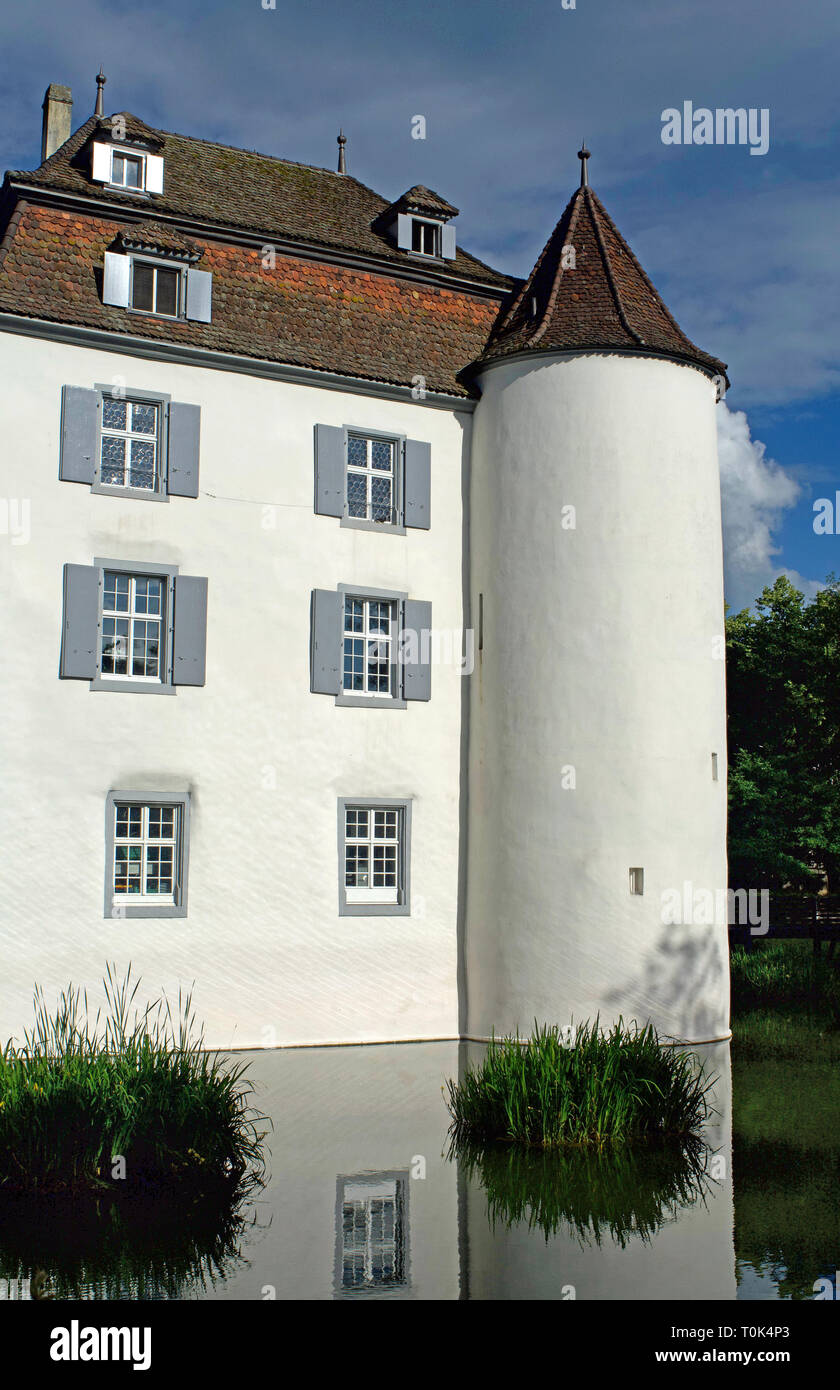 Vue partielle sur le château de Bottmingen (près de Bâle en Suisse) montrant un mur avec des fenêtres et une tour reflété dans l'eau des douves. Banque D'Images