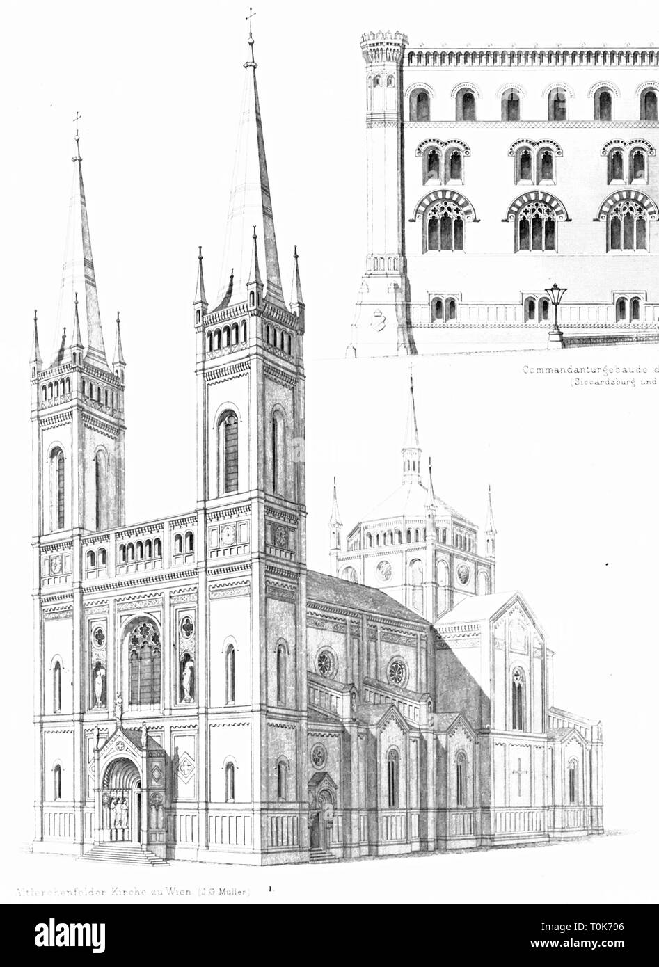 Géographie et voyages, l'Autriche, Vienne, églises, Altlerchenfelder Harzberg (Altlerchenfeld Église), construit en 1848 - 1860 par plusieurs architectes, vue extérieure, illustration à partir de 'enkmaeler der Kunst" (monuments d'Art), par Wilhelm Luebke et Carl von Luetzow, 3e édition, Stuttgart 1879, volume 2, gravure sur acier par L. Ritter, chapitre sur l'architecture, LVI, plaque, historique, historique, Denkmaler Denkmäler, Lubke, Lübke, Lutzow, Lützow, 19e siècle, église paroissiale, églises paroissiales, de classicisme, classique, classique, de la construction, bâtiments, religieux, sacré, Additional-Rights Clearance-Info-Not-Available- Banque D'Images