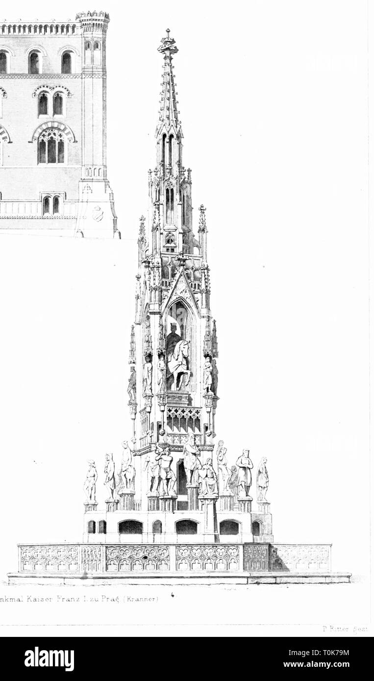 Géographie/voyages, République tchèque, Prague, monuments, monument de l'empereur François Ier, 1846 - 1848, l'architecte : Josef Andreas Kranner, illustration à partir de 'enkmaeler der Kunst" (monuments d'Art), par Wilhelm Luebke et Carl von Luetzow, 3e édition, Stuttgart 1879, volume 2, gravure sur acier par P. Ritter, chapitre sur l'architecture, LVI, plaque, historique, historique, Denkmaler Denkmäler, Lubke, Lübke, Lutzow, Lützow, 19e siècle, la République tchèque, fontaine, fontaines, de style néo-gothique, néo-gothique, gothique, gothique, gothique, néo-gothique, la Bohême, Additional-Rights Clearance-Info-Not-Available- Banque D'Images