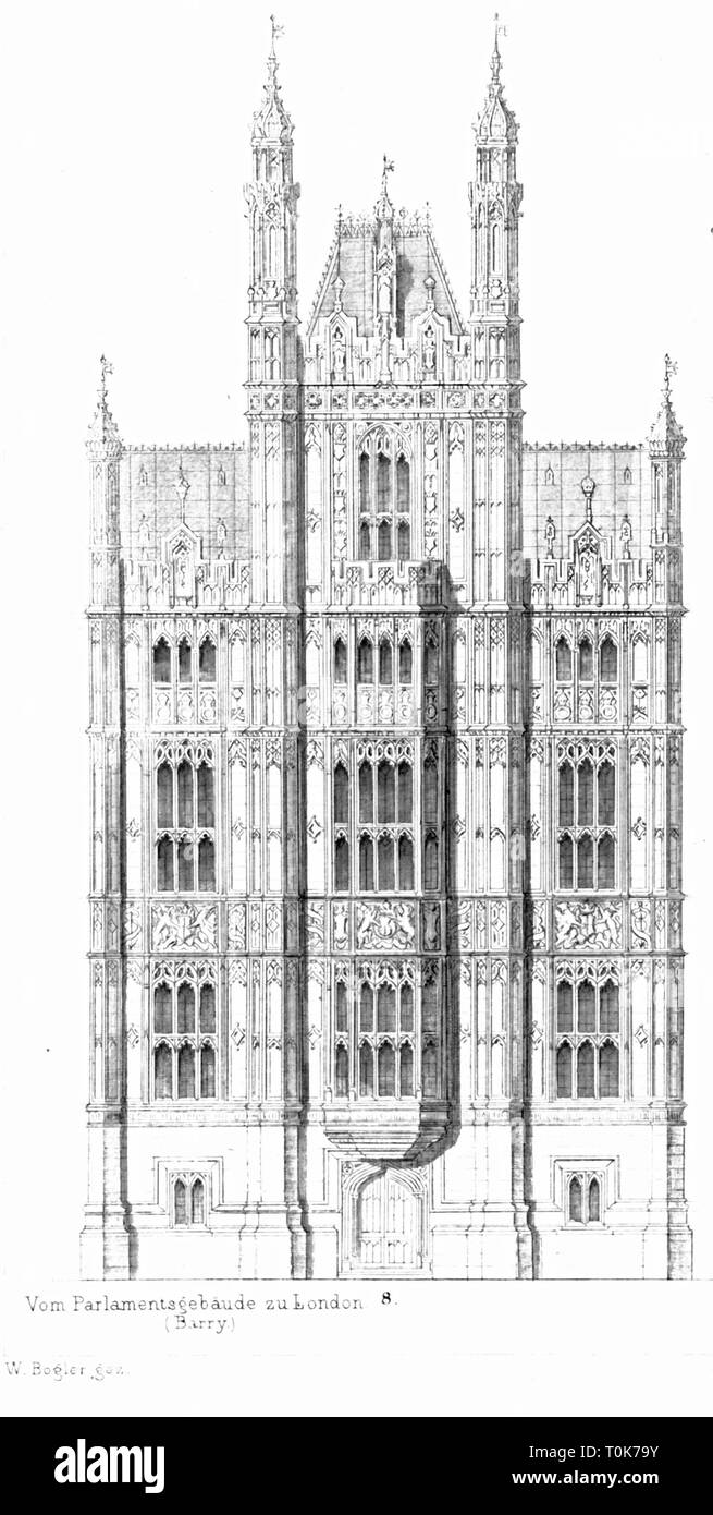 Géographie / voyages, Grande-Bretagne, Angleterre, Londres, bâtiments, Palais de Westminster, construit 1840 - 1852, l'architecte : Charles Barry, détail, vue extérieure, illustration à partir de 'enkmaeler der Kunst" (monuments d'Art), par Wilhelm Luebke et Carl von Luetzow, 3e édition, Stuttgart 1879, volume 2, gravure sur acier par H. Walther, après avoir tracé par W. Bogler, chapitre sur l'architecture, la plaque LVII, historique, historique, Denkmaler, Denkmäler, Lubke, Lübke, Lutzow, Lützow, 19e siècle, style néo-gothique, style néo-gothique, gothique, gothique, gothique, Additional-Rights Clearance-Info, neo--Not-Available Banque D'Images