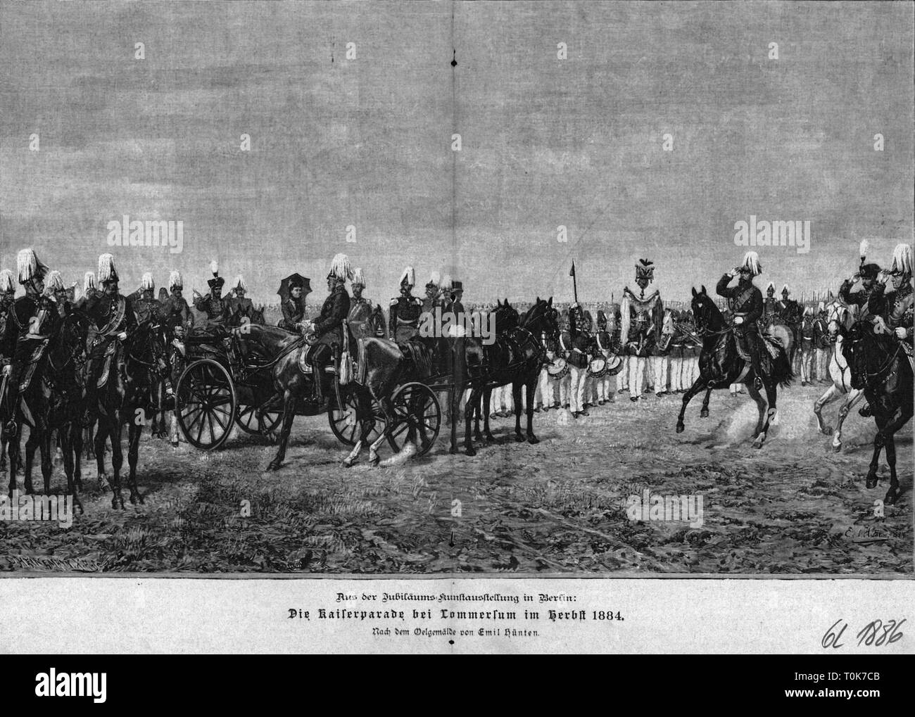 La Prusse, militaire, armée, défilés, Emperor's parade à Lommersum, Rhineland, automne 1884, gravure sur bois après peinture par Emil Huenten, 'Die Gartenlaube', 1886, l'empereur Guillaume Ier, l'Impératrice Augusta, le Prince Frederick William (Frederick III), le prince Frédéric Charles de Prusse, Hohenzollern, le maréchal Helmuth von Moltke, le général Walter von Loe, VIII Corps d'armée, soldats, roi, royaume de Prusse, la province rhénane, l'Allemagne, l'époque impériale, 19e siècle, historique, historique, Friedrich, Karl, Wilhelm, Hunten, Additional-Rights Clearance-Info-Hünten,-Not-Available Banque D'Images