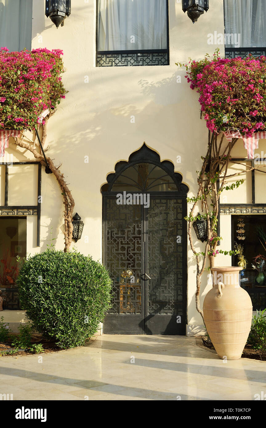Portes sur le bâtiment avec des fleurs en été. Concept pour la culture arabe et marocaine et design. Banque D'Images