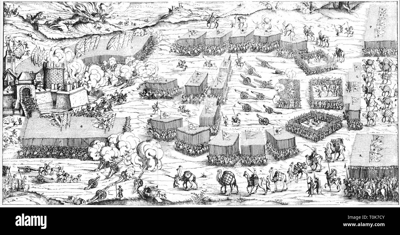 Les événements, les guerres ottomanes, bataille entre les Habsbourg et les troupes impériales turcs, gravure sur bois par Jost Amman, illustration du livre kayserlichem Kriegsrechten 'Von' (à propos de la loi martiale impériale), par Leonhart Fronsperger, Frankfurt am Main, Allemagne, 1566 Additional-Rights Clearance-Info,--Not-Available Banque D'Images