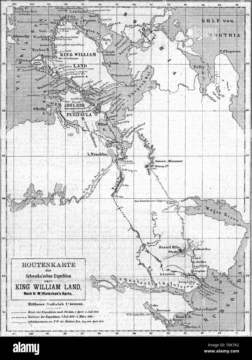 La cartographie, la carte, l'Amérique, le Canada, le Nunavut, péninsule de Baffin, à l'itinéraire de l'expédition de Frederick Schwatka 1879 - 1880, gravure sur bois après tirage d'Heinrich Klutschak, 1881, recherche de John Franklin, Baffinland, Hudson Bay, l'île King William, péninsule de Boothia, Adélaïde, parier river, Chesterfield Inlet, Territoires du Nord-Ouest, Territoire du nord-ouest, district de Keewatin, Amérique du Nord, 19e siècle, historique, Additional-Rights Clearance-Info-historiques,-Not-Available Banque D'Images