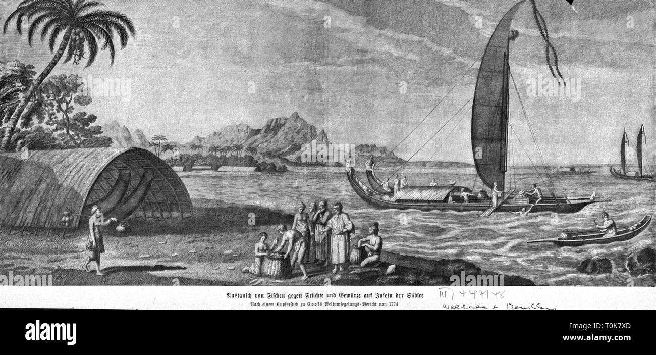 Transports / transport, la navigation, le commerce, l'échange de poissons contre fruits et d'épices sur les îles de la mer du Sud, après la gravure sur cuivre, de : James Cook, rapport sur sa circumnavigation, 1774 Additional-Rights Clearance-Info,--Not-Available Banque D'Images