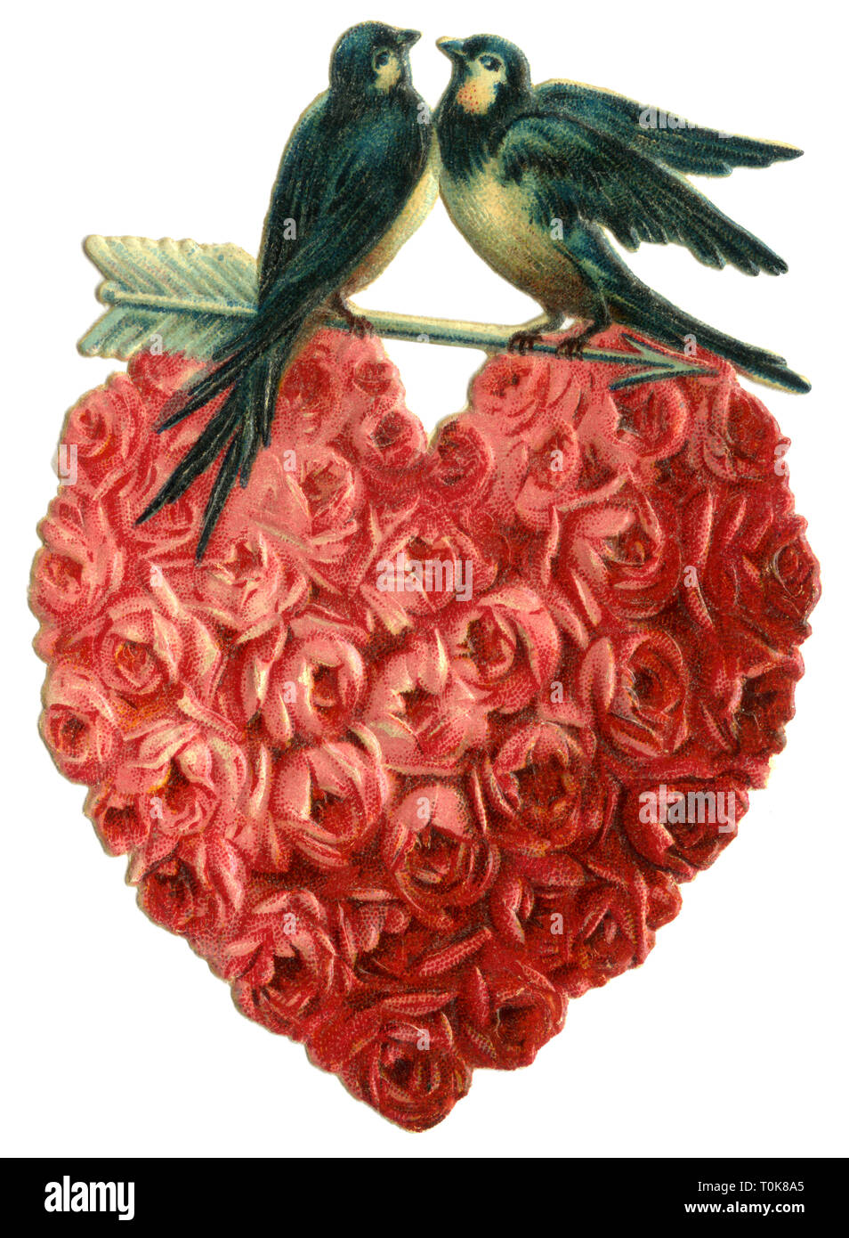 / Souvenirs kitsch, Coeur de roses rouges, deux tourterelles, lithographie, Allemagne, vers 1910, Additional-Rights Clearance-Info-Not-Available- Banque D'Images
