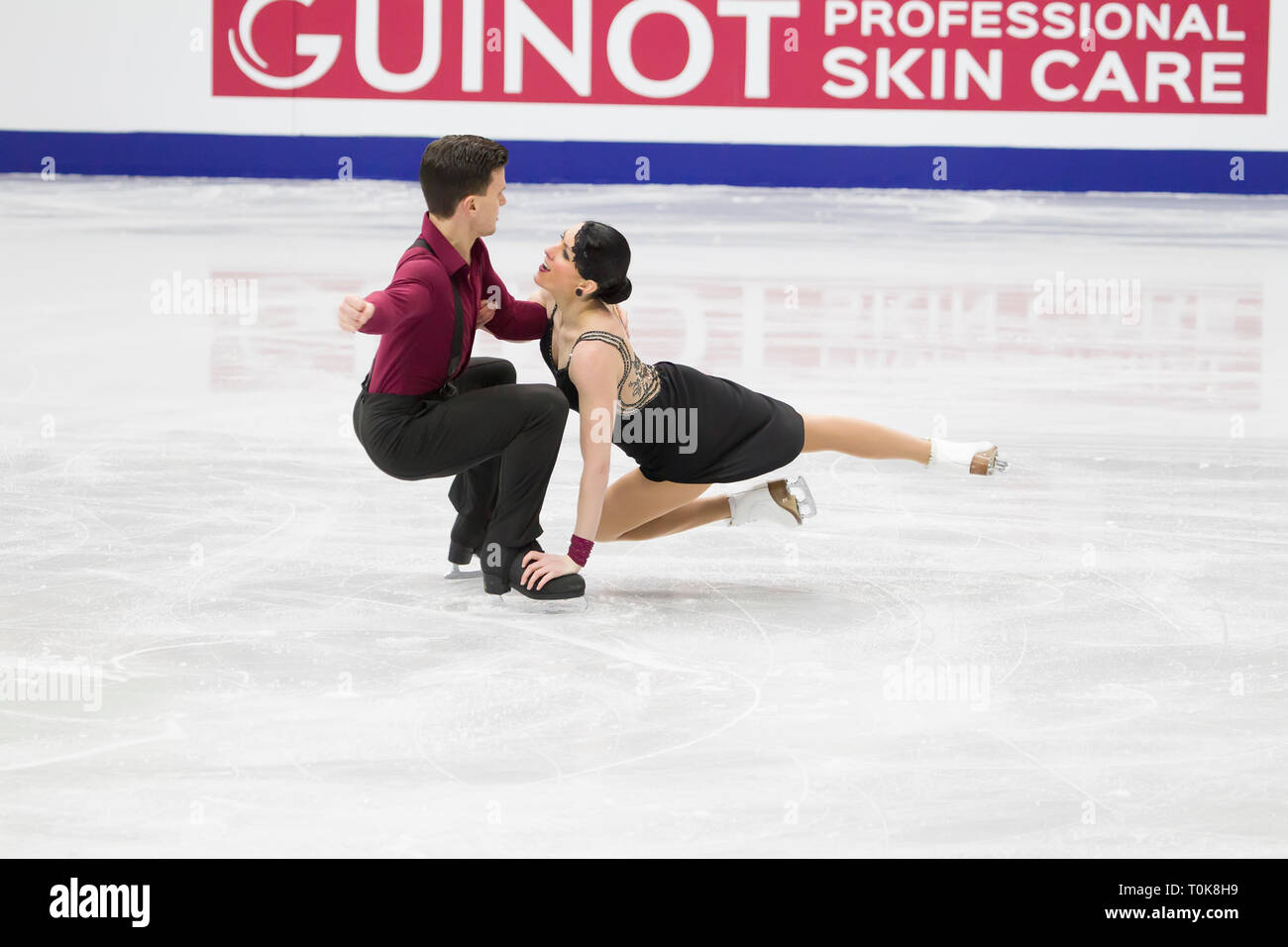 Biélorussie, Minsk, le 25 janvier 2019. Arène de Minsk. Championnat d'Europe de patinage artistique. La danse sur glace. Les patineurs artistiques italiennes Charlene Guignard Marco Fa Banque D'Images