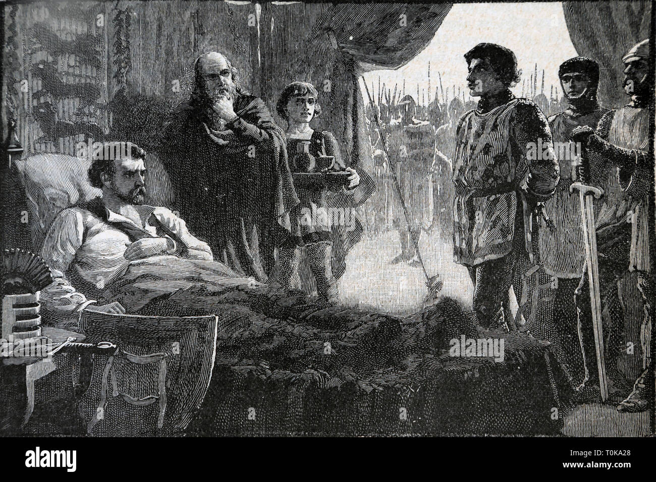 Illustration de Bertrand de Gordon après tuant le roi avec une flèche à l'épaule, il fut présenté à la présence du roi Richard I où Banque D'Images