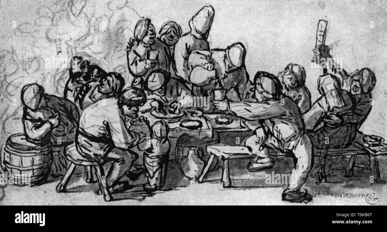Gastronomie, le dîner, des scènes de beuverie et de fête des paysans, dessin par Adriaen van Ostade (1610 - 1685), 17e siècle, 17e siècle, les beaux-arts, art, graphique, graphiques, demi-longueur, assis, s'asseoir, table, banc, tables, bancs, manger, manger, boire, verres, verre, jug, pichets, pots, jar, verser, l'écoulement, l'indulgence, Célébration, fête, Fête, célébration, célébrer, paysans, paysannes, historique, historique, les gens, les Additional-Rights Clearance-Info-Not-Available Banque D'Images