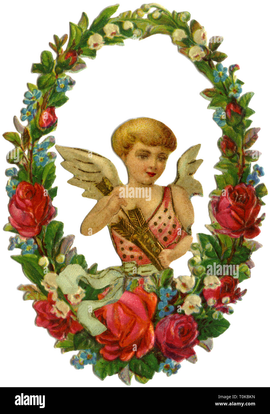 / Souvenirs kitsch, amour angelet, Cupidon avec flèche de Cupidon dans la guirlande, scrap-photo, chromolithographie, Allemagne, vers 1890, Additional-Rights Clearance-Info-Not-Available- Banque D'Images