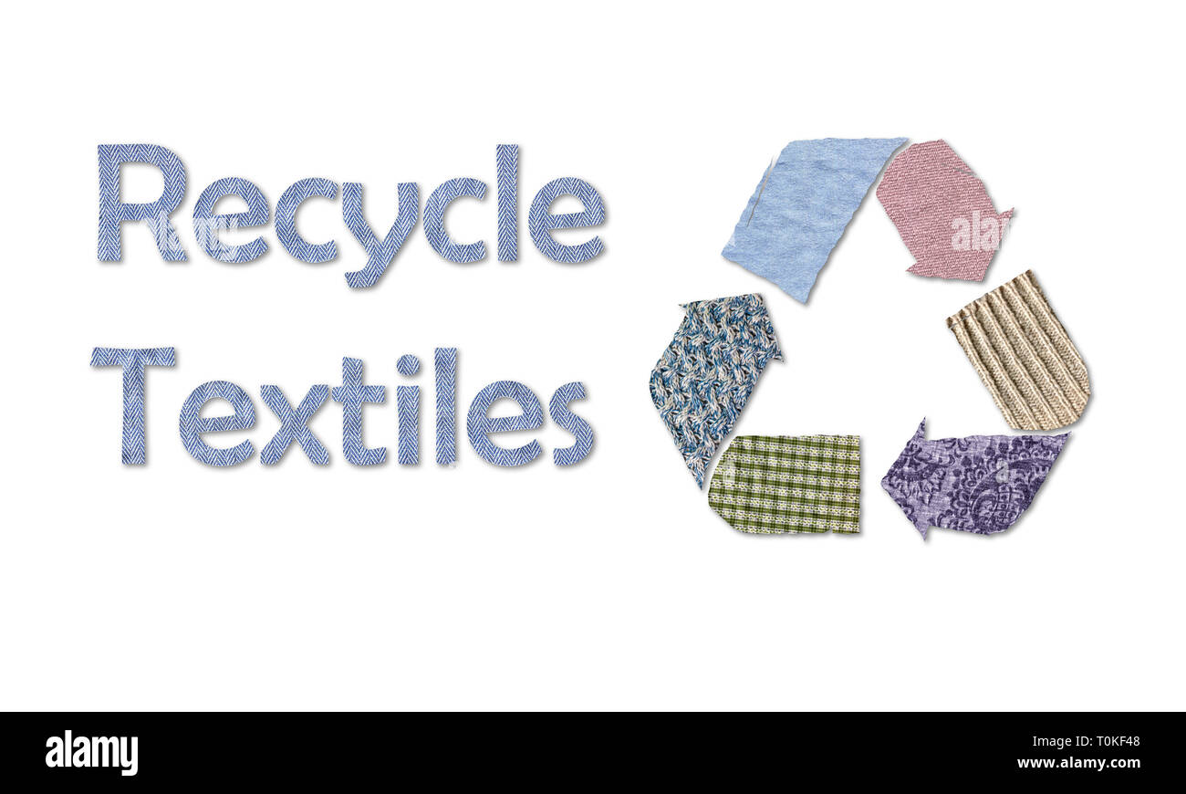 Symbole de recyclage recycler les textiles avec l'aide de texte matériel  réutilisé à partir de vieux vêtements, concept illustration réutiliser,  recycler les vêtements et les textiles Photo Stock - Alamy