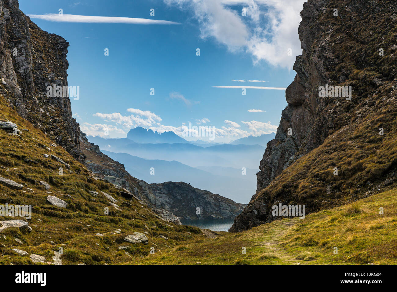 Randonnée à la Seefeldspitze, vue de l'Langkofelgruppe et Seefeldsee Pfunderer Tal, la société valser, montagnes, le Tyrol du Sud, Italie Banque D'Images