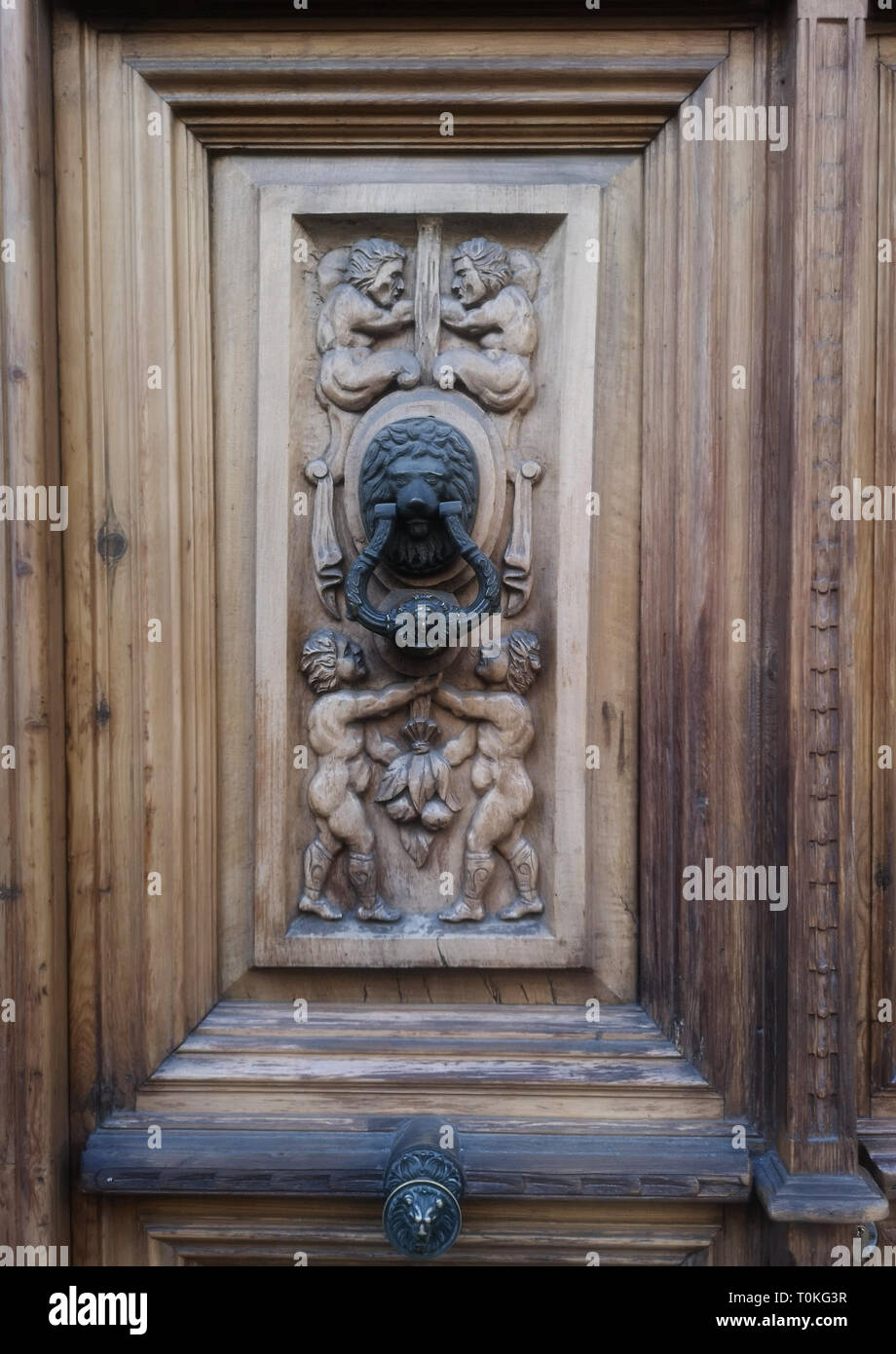 Close up d'une porte d'entrée avec belles sculptures Banque D'Images