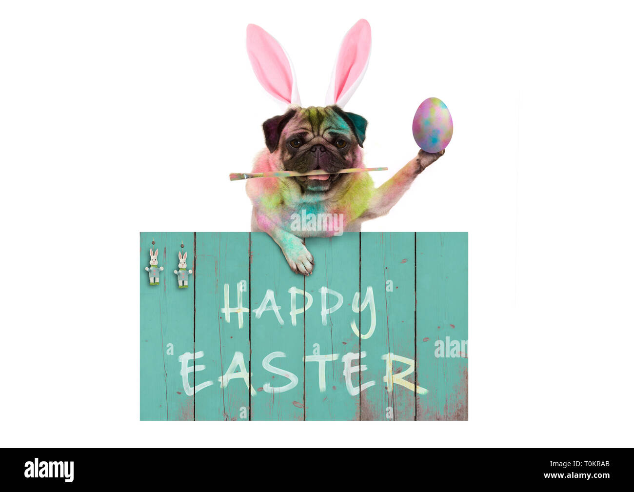 Pug dog bunny pâques oeufs de pâques peinture avec pinceau, hanging on vintage panneau en bois avec texte Joyeuses pâques, isolé sur blanc backgroun Banque D'Images