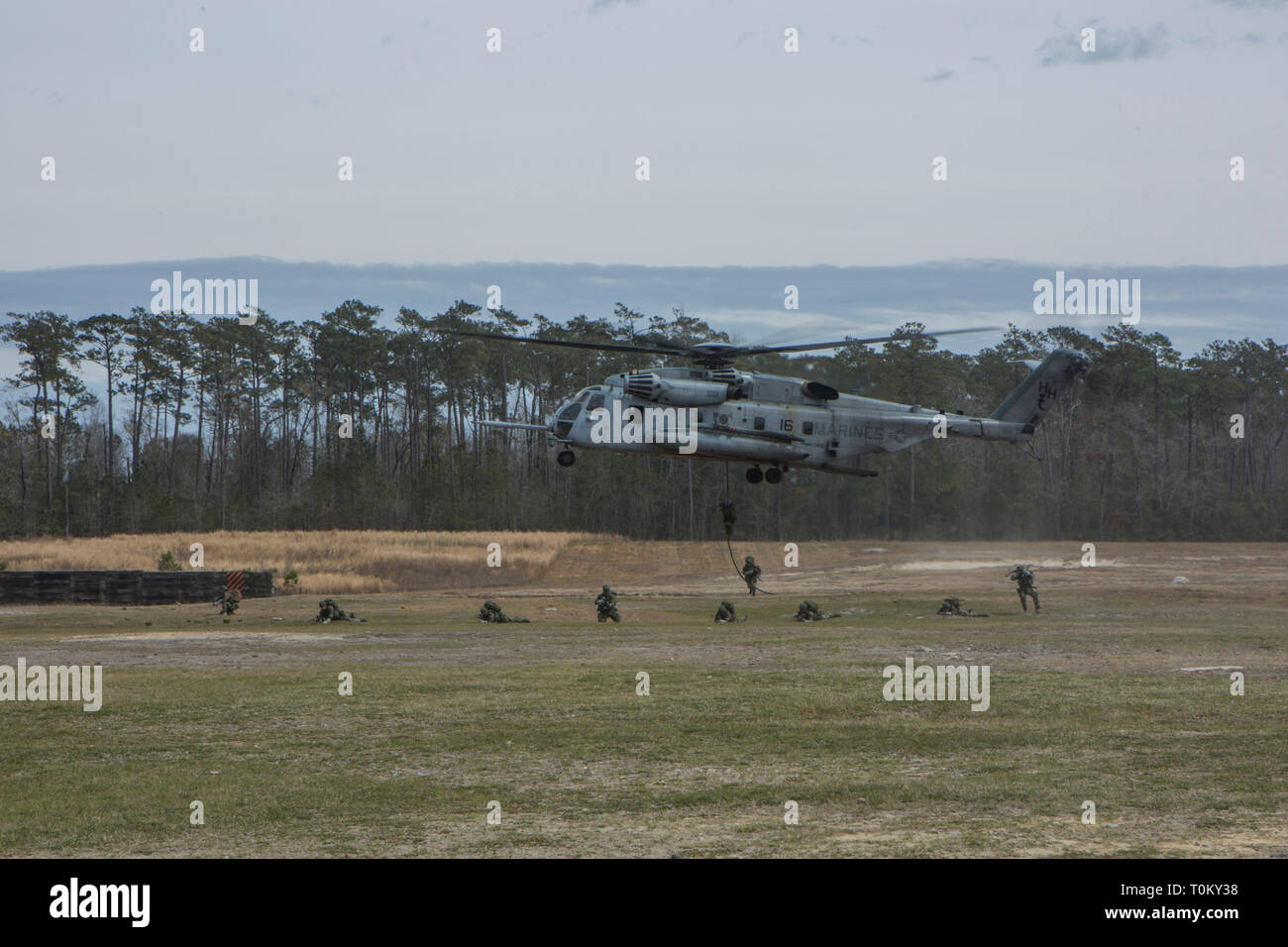 Royal Dutch Marines avec 2e Peloton, 32e Escadron de maraudage, assurer la sécurité après un rapide à la corde du CH-53E Super Stallion marines de l'Escadron 366 hélicoptères lourds (HMH-366) au cours de l'aide bilatérale néerlandaise (Néerlandais) exercice annuel d'entraînement, sur Camp Lejeune, en Caroline du Nord, le 19 mars 2019. Aide néerlandaise apporte des Marines américains et Royal Dutch Marines ensemble pour renforcer les relations et d'accroître l'interopérabilité. (U.S. Marine Corps photo par Lance Cpl. Nathaniel Q. Hamilton) Banque D'Images