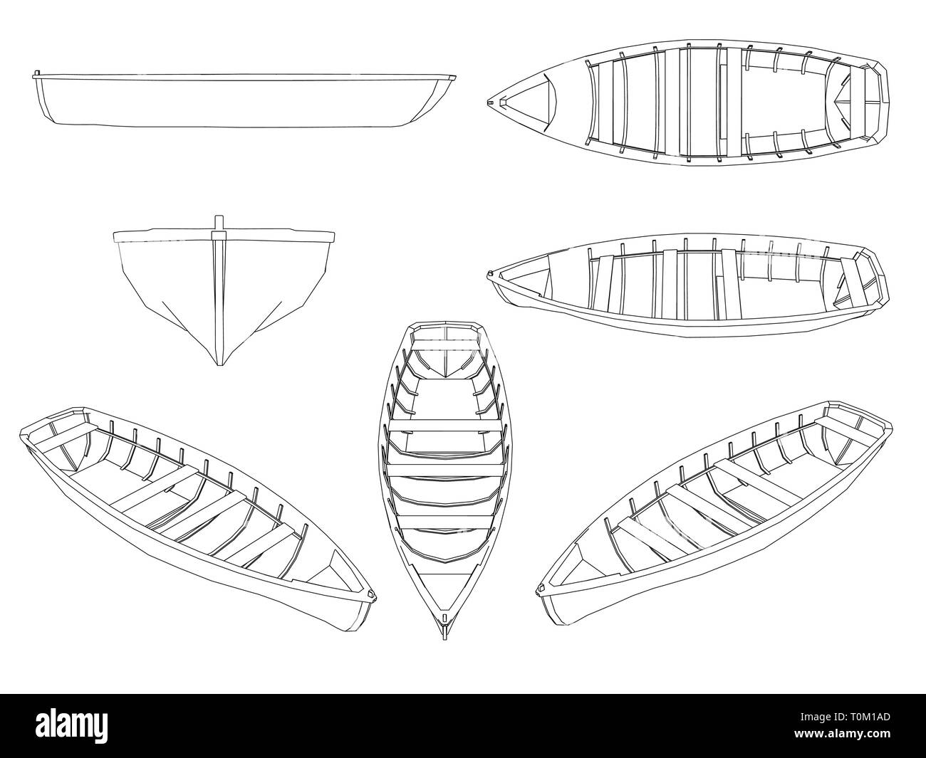 Définir avec les contours de bateaux en bois. Bateaux de lignes noires sur fond blanc. Bateaux isolé sur fond blanc. Différents points de vue. Vector Illustration de Vecteur