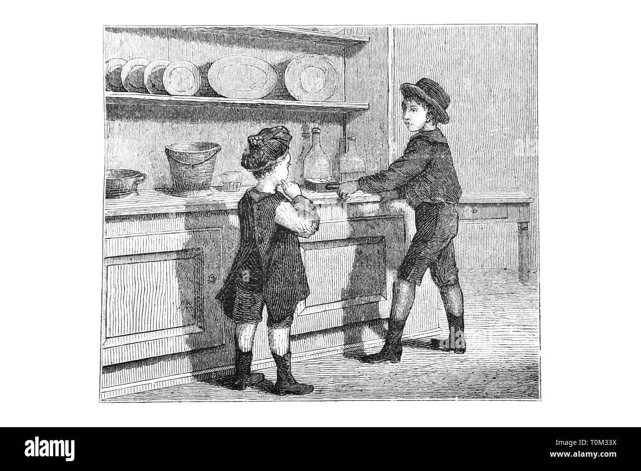 Les enfants dans la cuisine - Vintage Engraved Illustration, 1894 Banque D'Images