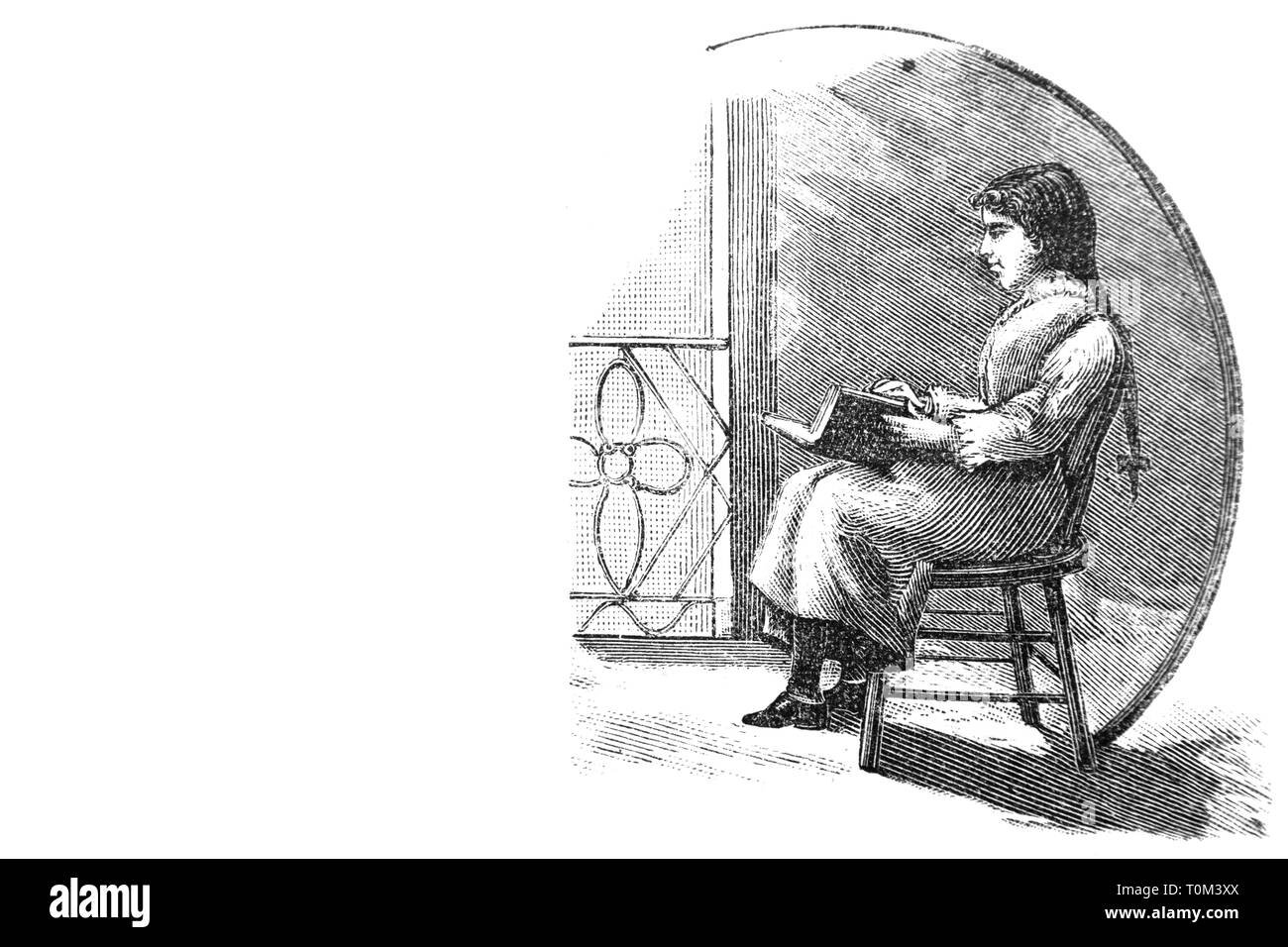 Girl reading a book - Vintage Engraved Illustration, 1894 Banque D'Images