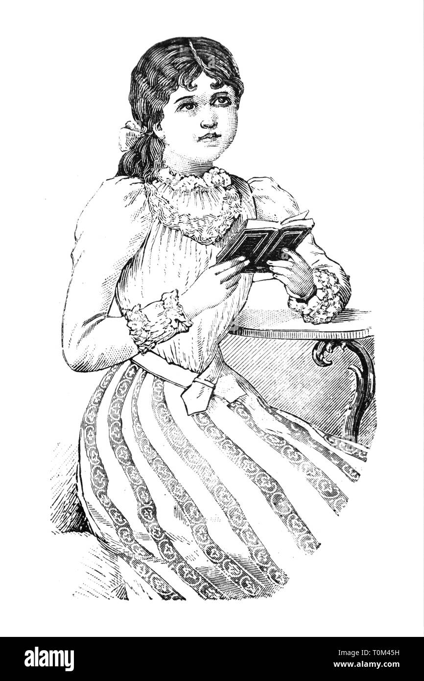 Girl reading a book - Vintage Engraved Illustration, 1894 Banque D'Images