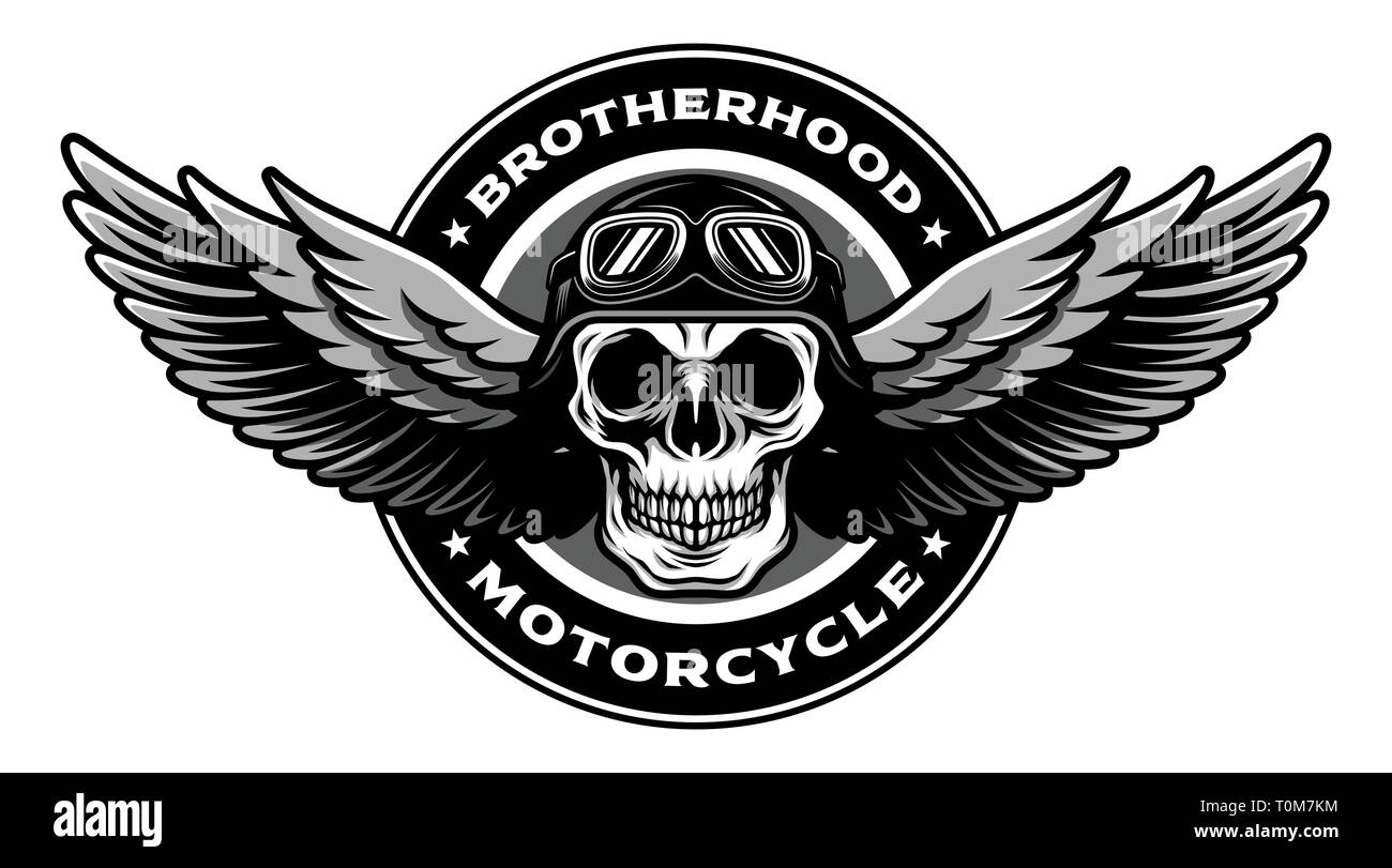 Le port de tête crâne classique détaillée Retro Biker Casque et lunettes de pilote avec ailes propagation Design badge Moto Illustration de Vecteur