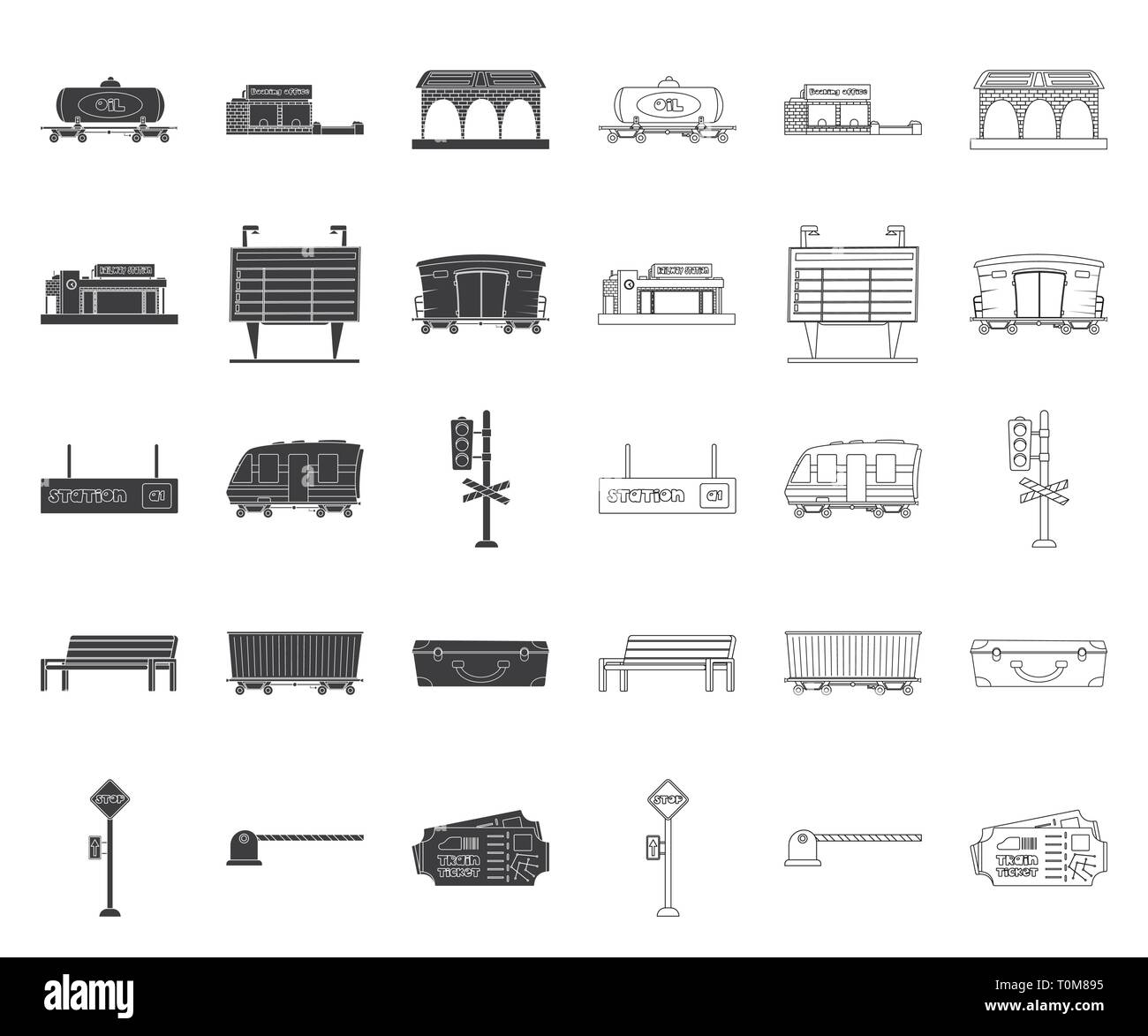 Réservoir,diesel,ticket-office de la plate-forme,architecture,arrivée,transport,bouilloire,sémaphore,banc,sac,stop,barrière,col,locomotive,citerne,réservation,bâtiment,DE,construction,Info,trafic,coach,valise,parking,train,bon,gare,de,fer,billets,track,voyages,voyage,transport,logistique,set,collection,icône,logo,web,conception,illustration,isolé,symbole signe,,noir,couleur,contour des vecteurs vecteur , Illustration de Vecteur