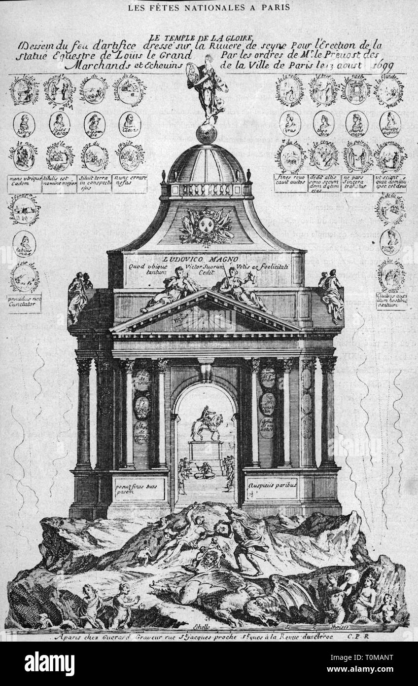 Fête, feux d'artifice, la mise en page de l'artifice à l'occasion de l'ouverture de le monument équestre de Louis XIV de France conçu par François Girardin, Paris, 16.8.1699, gravure sur cuivre par Guerard, vers 1700, 17e siècle, graphique, graphiques, France, fête, festival, festivals, monument, monuments, sculpture, sculptures, statues, statue, apothéose, glorification, glorifications, Roi Soleil, l'absolutisme, ouverture officielle, un ruban d'inauguration, ouverture officielle, à des cérémonies de bandes, des festivités, fête, design, dessins, Additional-Rights Clearance-Info-ki,-Not-Available Banque D'Images