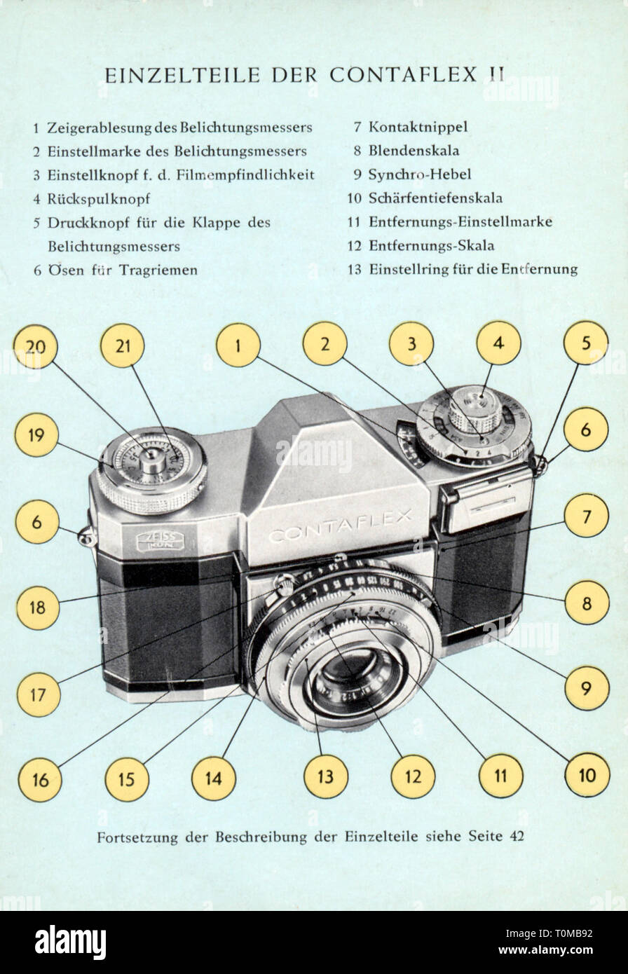 La photographie, les appareils photo, 'Contaflex II' de la Zeiss Ikon AG,  Stuttgart, mode d'emploi, à l'intérieur, description des composants, 1954  Additional-Rights Clearance-Info,--Not-Available Photo Stock - Alamy