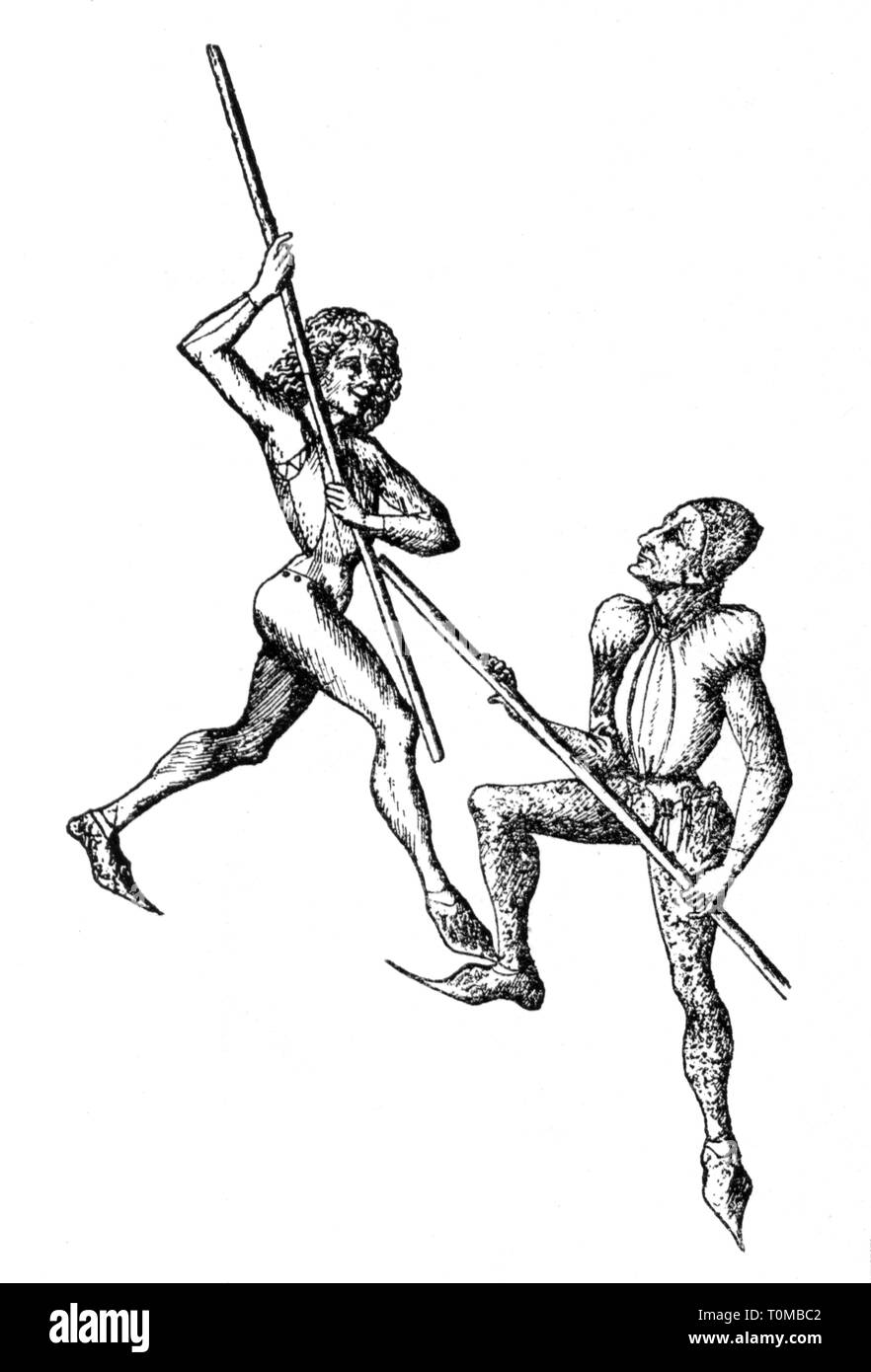 Le sport, l'escrime, l'escrime, stick couple de tireurs de l'exercice, gravure sur cuivre, des jeux de cartes du maître E. S., Allemagne, vers 1450, l'artiste n'a pas d'auteur pour être effacé Banque D'Images