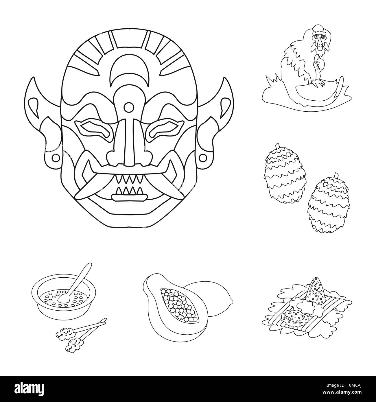 Mask,monkey,humulus,dish,riz,papaye,,animal,indonésien,plantes,sauce,fruits,dieu,tropical,fleurs,cuisine,demi,dîner,mythologie,la queue,malt juteux,fruits de mer,zoo,dragon,bud,repas,standard,manger,balinais caraïbes,géographie,Asie,voyage,tourisme,island,bali,indonesie,set,icône,,illustration,collection,isolé,design,graphisme,élément signe,ligne,plan,vecteurs vecteur , Illustration de Vecteur
