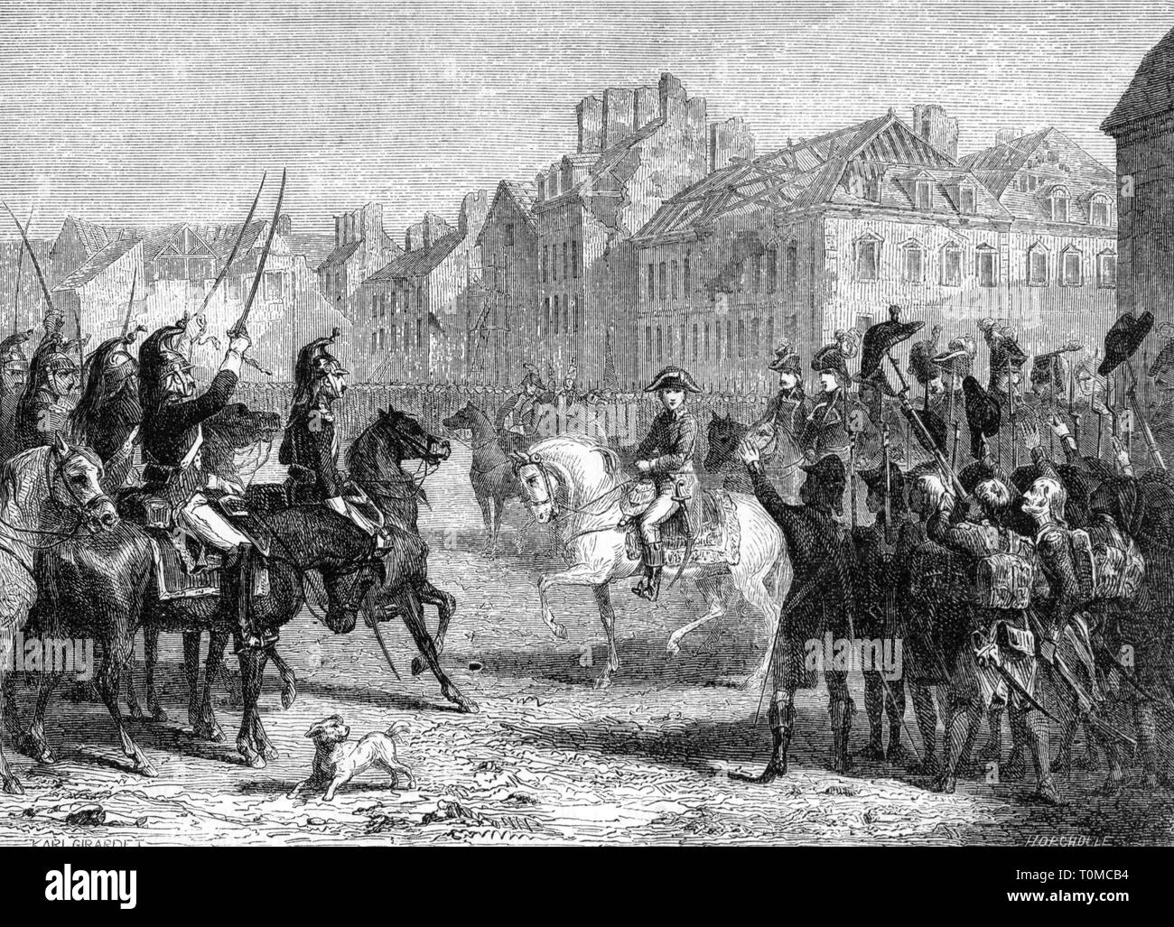 Guerre de la deuxième Coalition, 1799 - 1802, Campagne d'Égypte 1798 - 1801, défilé de l'armée d'Orient du général Napoléon Bonaparte à Lyon, 1798, gravure sur bois, fin du xixe siècle, Napoléon Ier, défilé militaire, des défilés militaires, l'armée de terre, armées, forces armées, militaires, soldats, soldat, cavalerie, infanterie, cavaleries, Dragoon, jubilation, Cheers, encourager, applaudir, la joie, la préparation, la préparation, l'expédition égyptienne, l'Egypte, l'oriental campagne, campagne, Campagne, France, première république, Directoire, Guerres napoléoniennes, guerres de la Révolution française, la guerre, les guerres, l'artiste a le droit d'auteur, de ne pas être effacé Banque D'Images