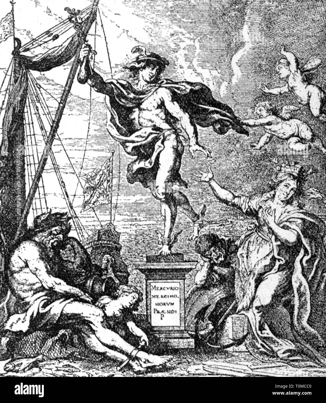 Allégories, 'Le commerce est de quitter Anvers", allégorie sur le déclin économique de la ville d'Anvers, gravure sur cuivre par Theodor van Thulden après Peter Paul Rubens, fin du 16e siècle, de pourriture, de guerre de Quatre-Vingts Ans, guerre d'indépendance hollandaise, dieu Mercure, navire espagnol, espagnol Pays-Bas, Belgique, Saint Empire Romain, l'EDH, Cercle Impérial de Bourgogne, Duché de Brabant, de Flandre, des gens, du commerce, des affaires, des relations d'affaires, opérations commerciales, économie, allégories, allégorie, partir, quitter, Anvers, Antwerpen, historique, historique, l'artiste n'a pas d'auteur pour être effacé Banque D'Images