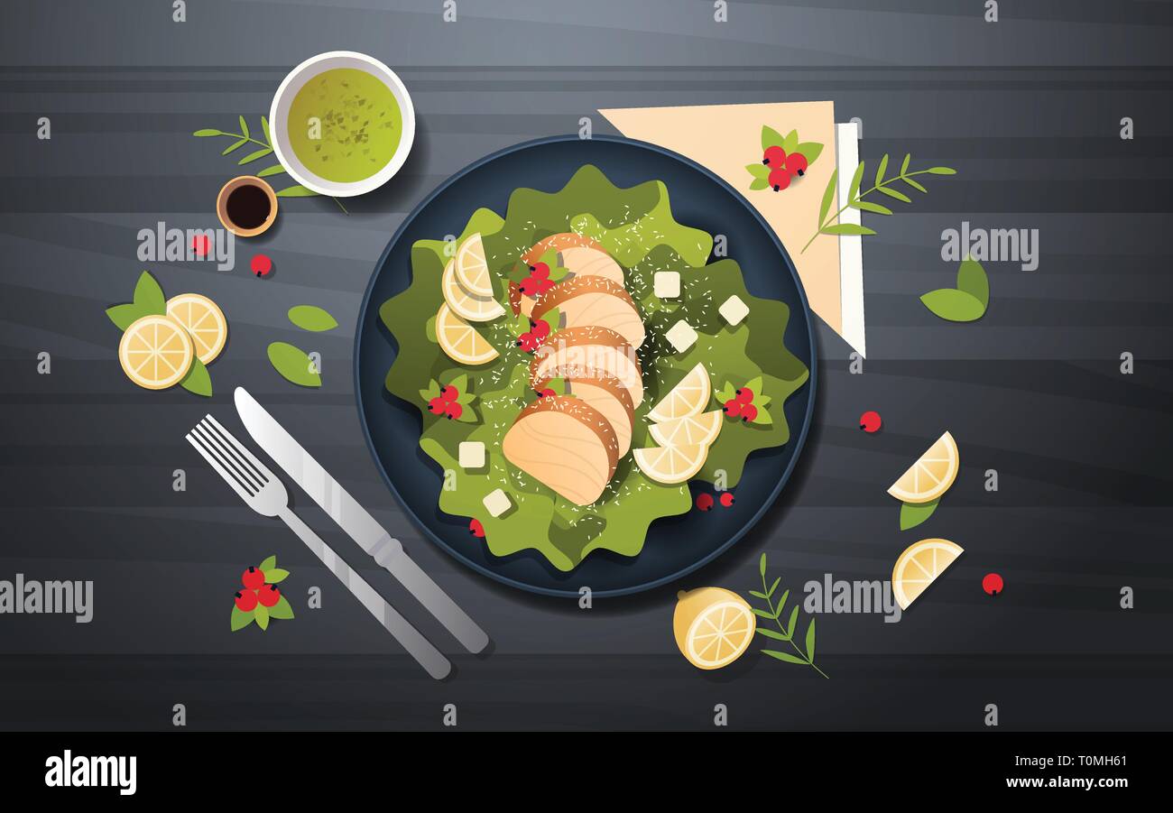 Salade de légumes frais et sain avec du poulet et de la sauce dans un bol noir haut angle view restaurant food composition fourchette et couteau concept foncé serviette Illustration de Vecteur