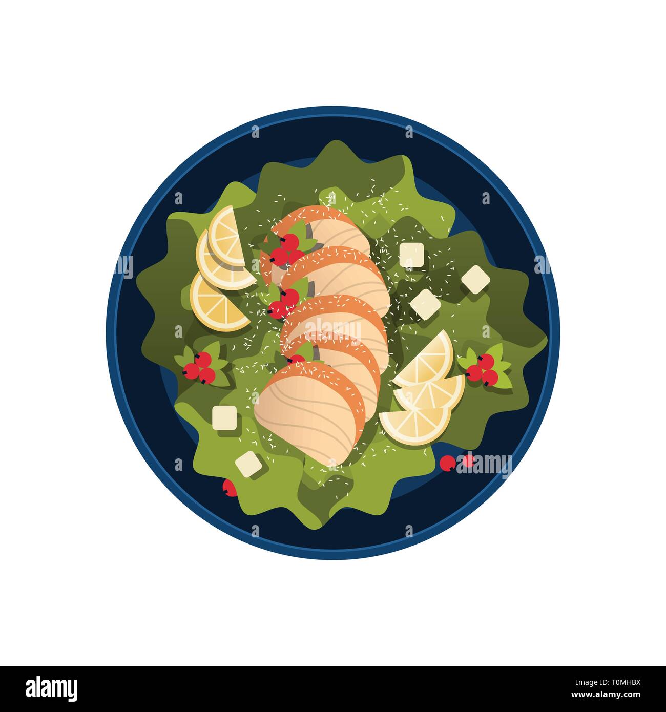 Salade de légumes frais et sain avec du poulet et de la sauce dans un bol noir haut angle view restaurant food concept isolé plat Illustration de Vecteur