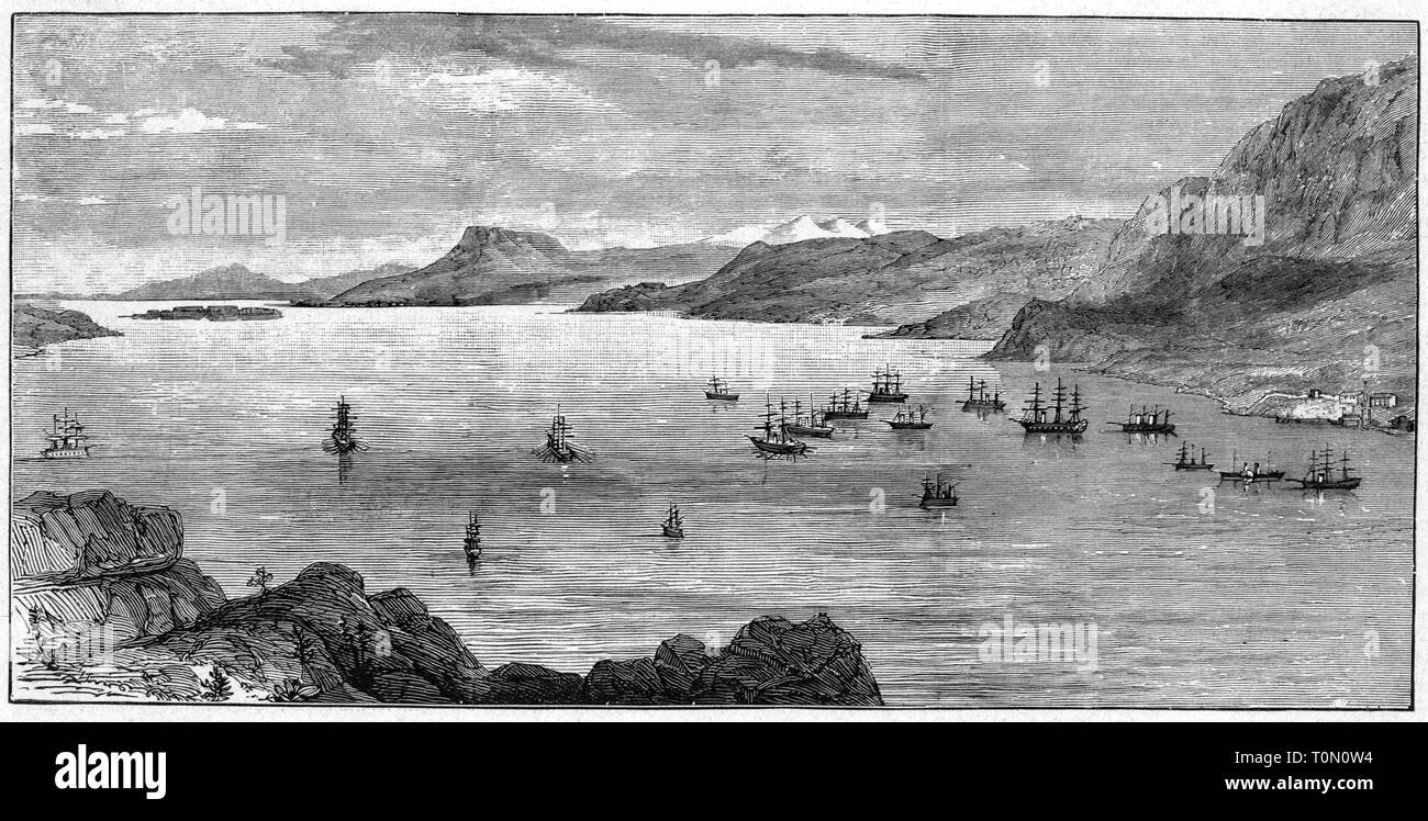 1839 - 1841 La crise d'Orient, britannique, et l'escadron autrichien Ottoman dans la baie de Souda, en Crète, 1840, gravure sur bois, 19e siècle, deuxième crise Oriental, oriental, l'intervention de crise, d'interventions, de la marine, des forces navales, Royal Navy, Grande-Bretagne, Royaume-Uni, l'empire l'Autriche, l'Empire Ottoman, à l'Est, Orient, Mer Méditerranée, navire de guerre, navires, turc, mer, mer, côte, côte, côtes, rives, du paysage, des paysages, de la politique, politique, pas - les gens, l'escadron, escadrons, bay, Bight, baies, des droits de l'homme, historique, Additional-Rights Clearance-Info-historiques,-Not-Available Banque D'Images